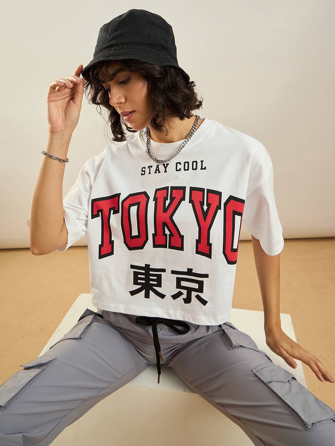 SASSAFRAS Pure Cotton Typography Printed Round Neck Oversized Crop T-shirt, White