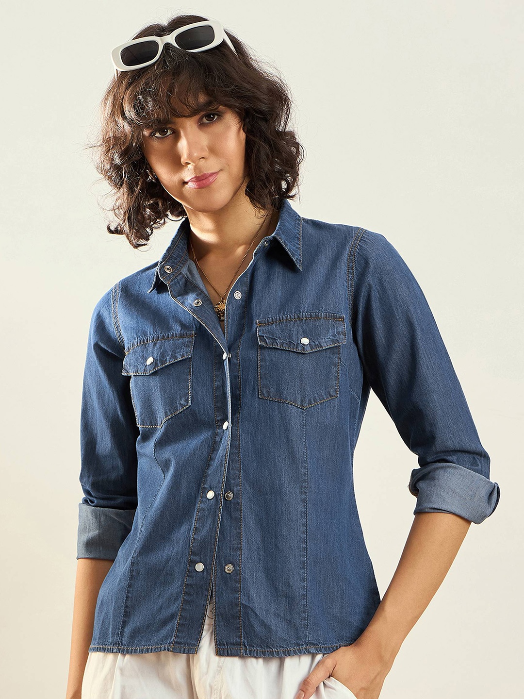 

SASSAFRAS Blue Snap Button Placket Long Sleeves Casual Shirt