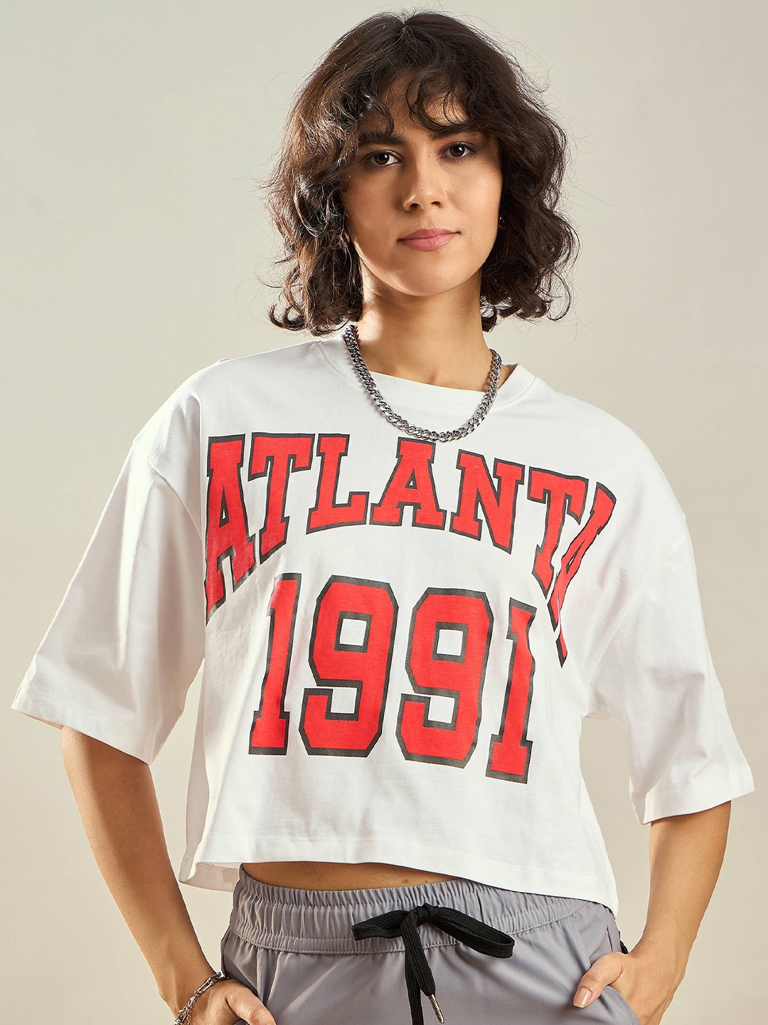 

SASSAFRAS Pure Cotton Typography Printed Round Neck Oversized Crop T-shirt, White