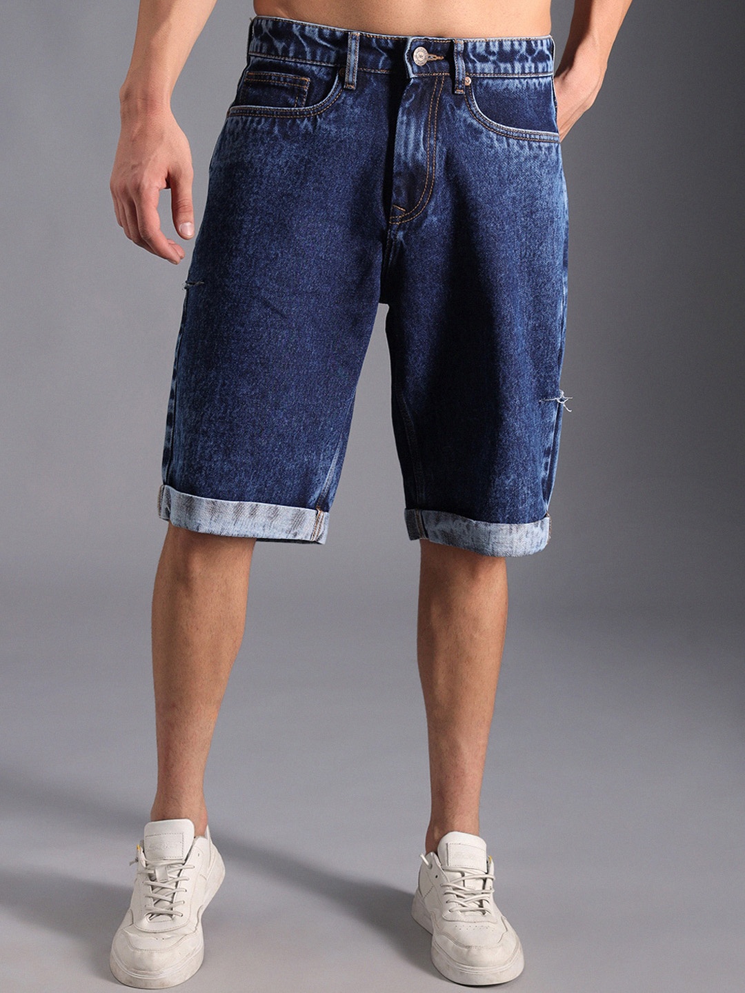 

High Star Men Washed Mid-Rise Cotton Denim Shorts, Blue