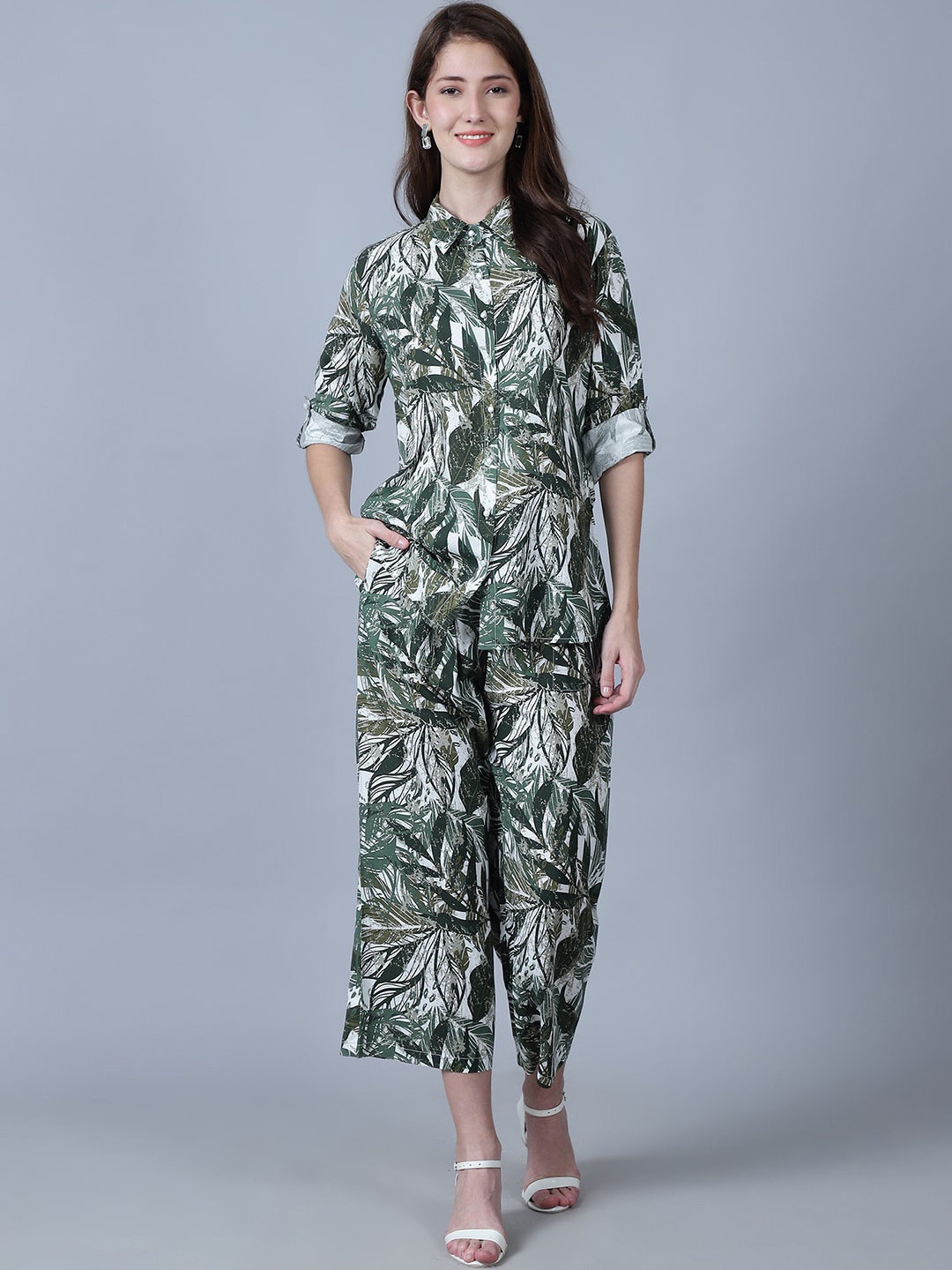 

urSense Abstract Printed Roll-Up Sleeves Pure Cotton Shirt With Palazzos, Green