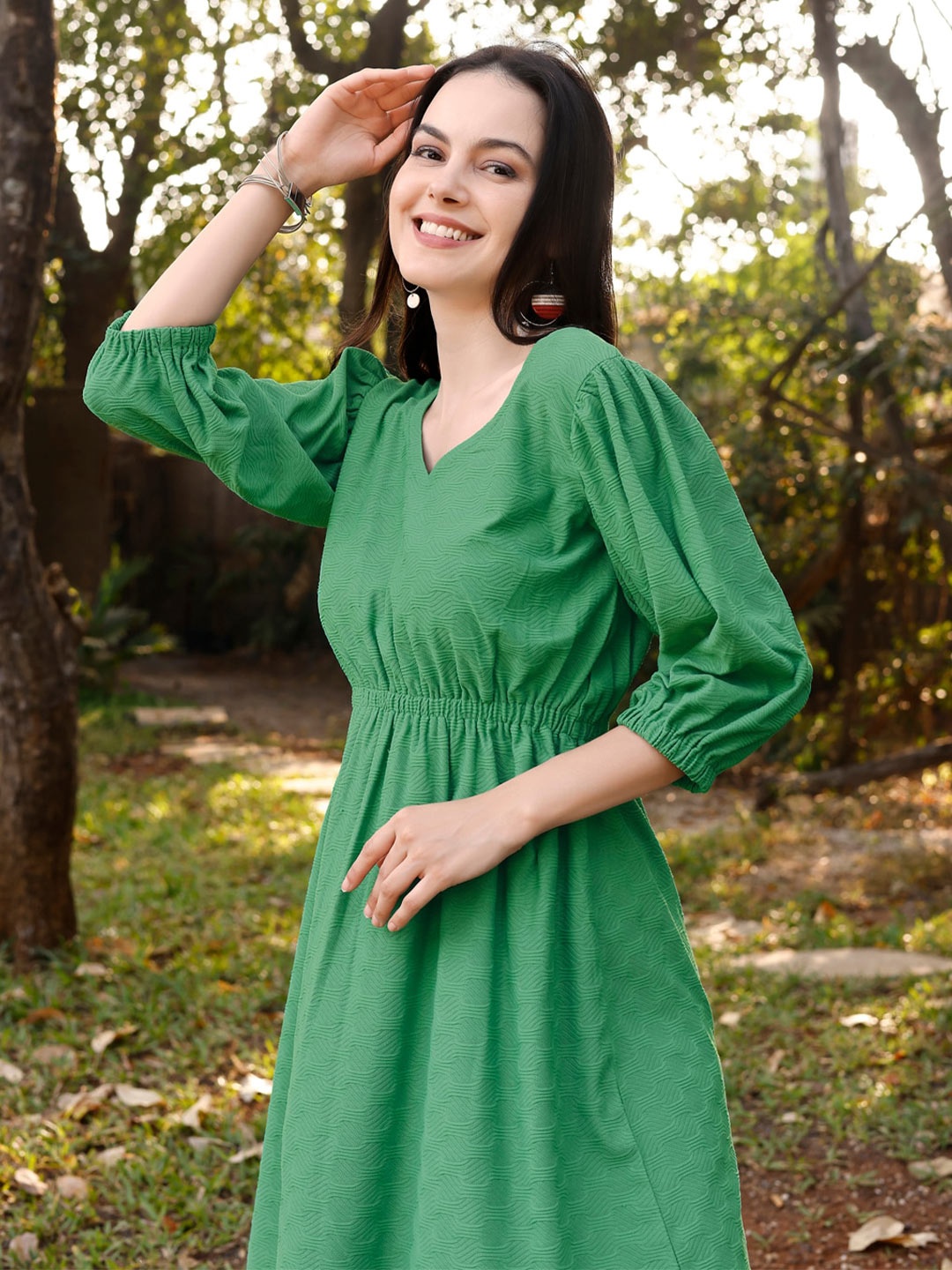 

PURVAJA Self Design Puff Sleeve V Neck Blouson Dress, Green