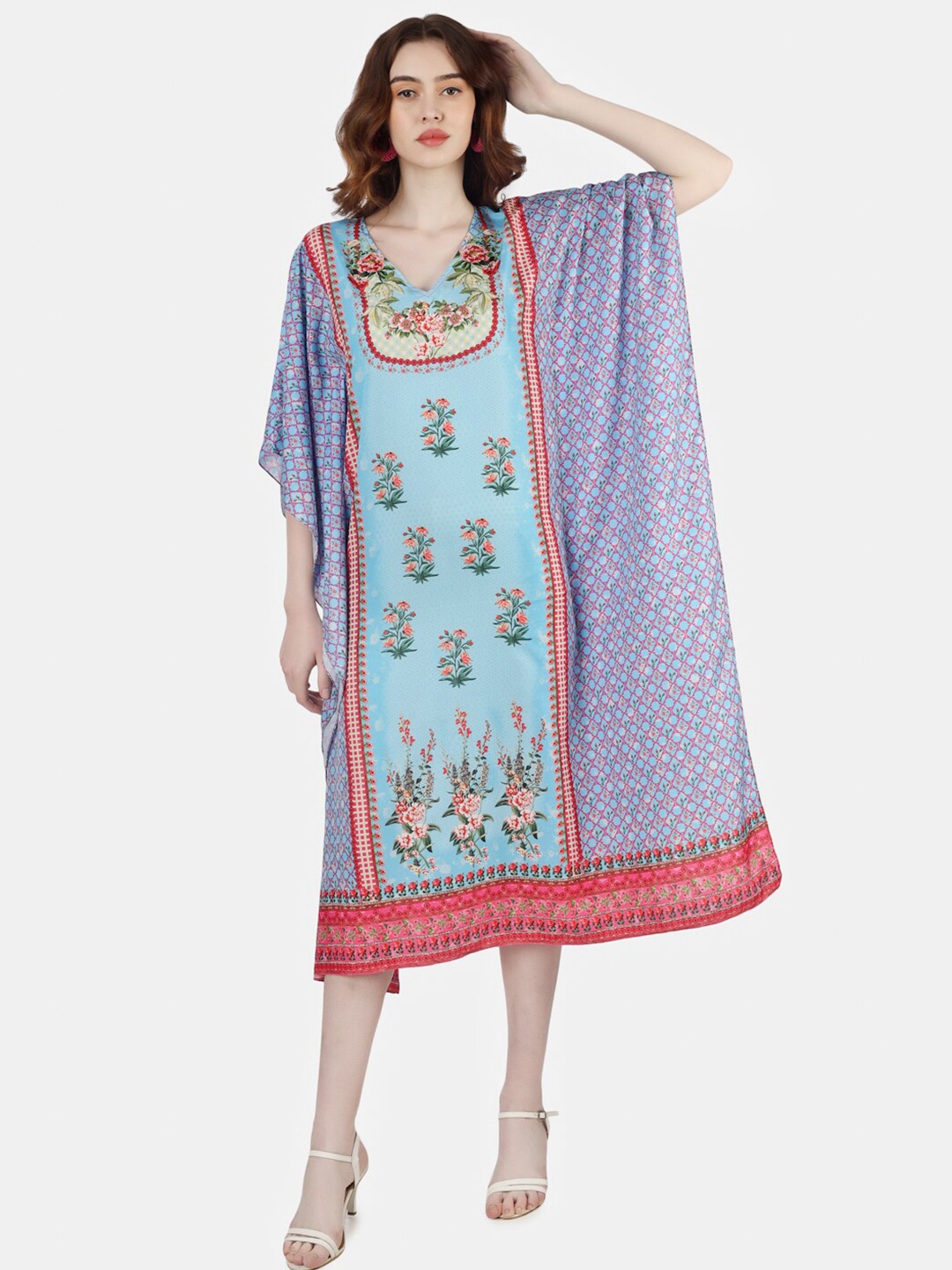 

Sukshat Ethnic Motifs Printed Extended Sleeves Kaftan Midi Dress, Blue