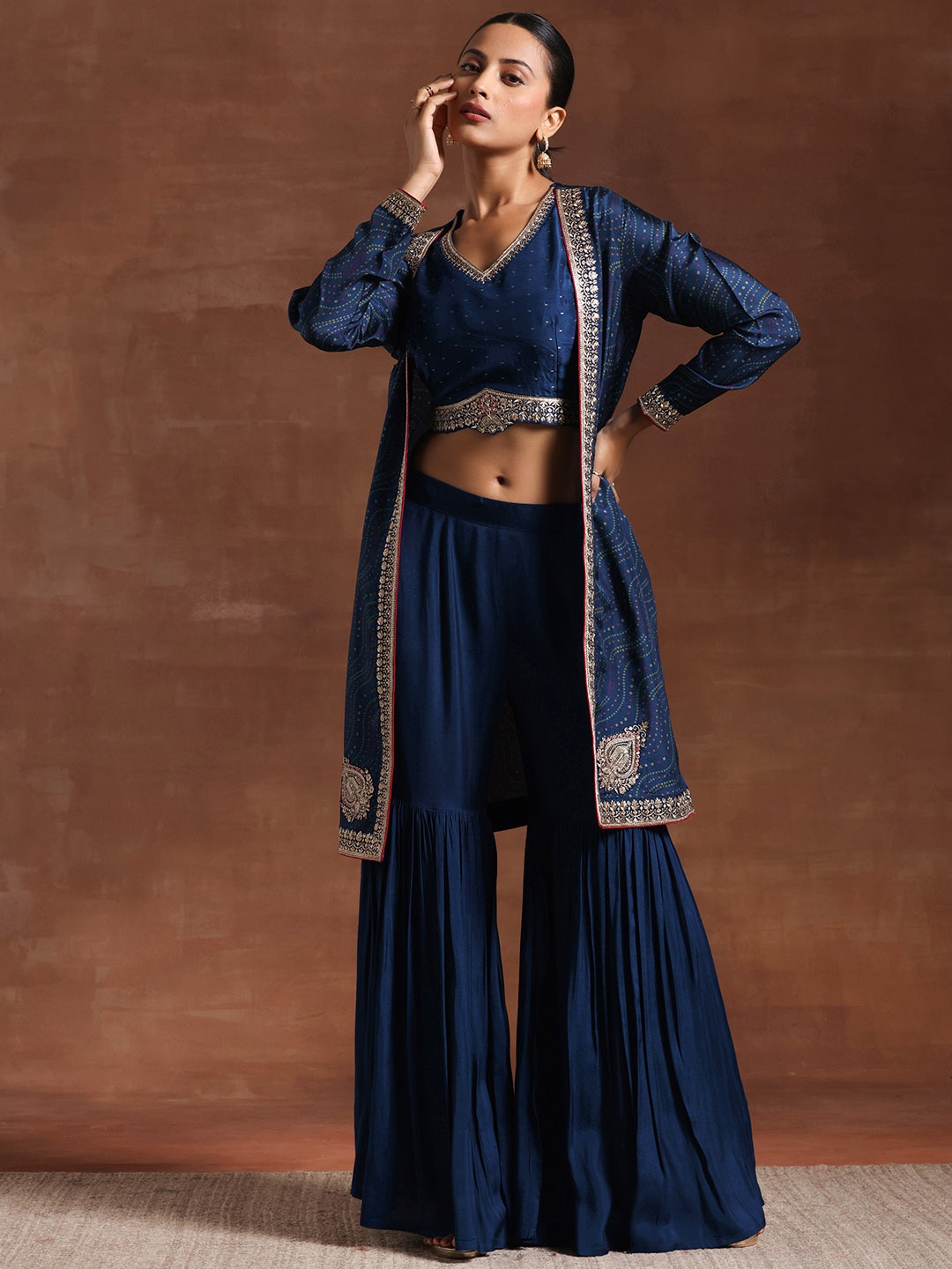 

Libas Zari Embroidered Top With Shrug & Sharara, Blue