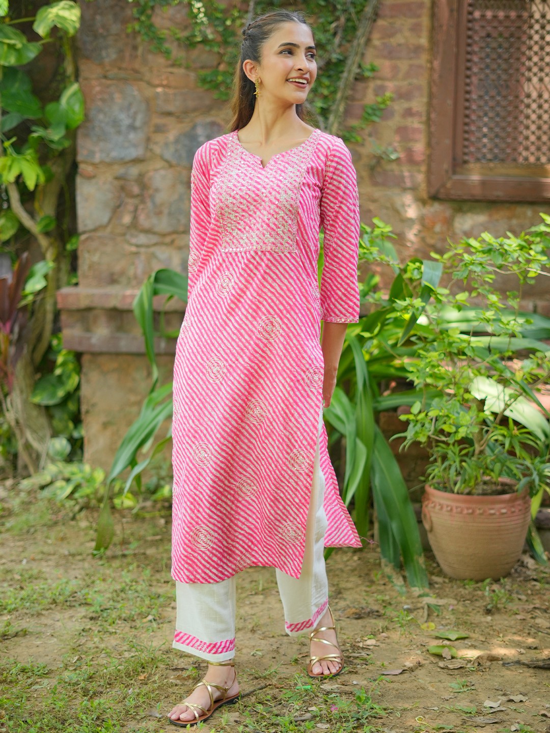 

Libas Printed Regular Mirror Work Pure Cotton Kurta with Trouser, Pink