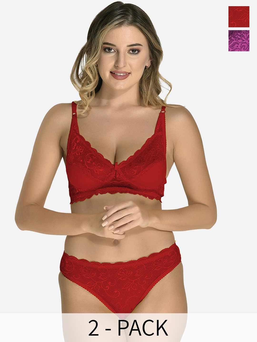 

StyFun Pack Of 2 Non Padded Lace Lingerie Set, Maroon