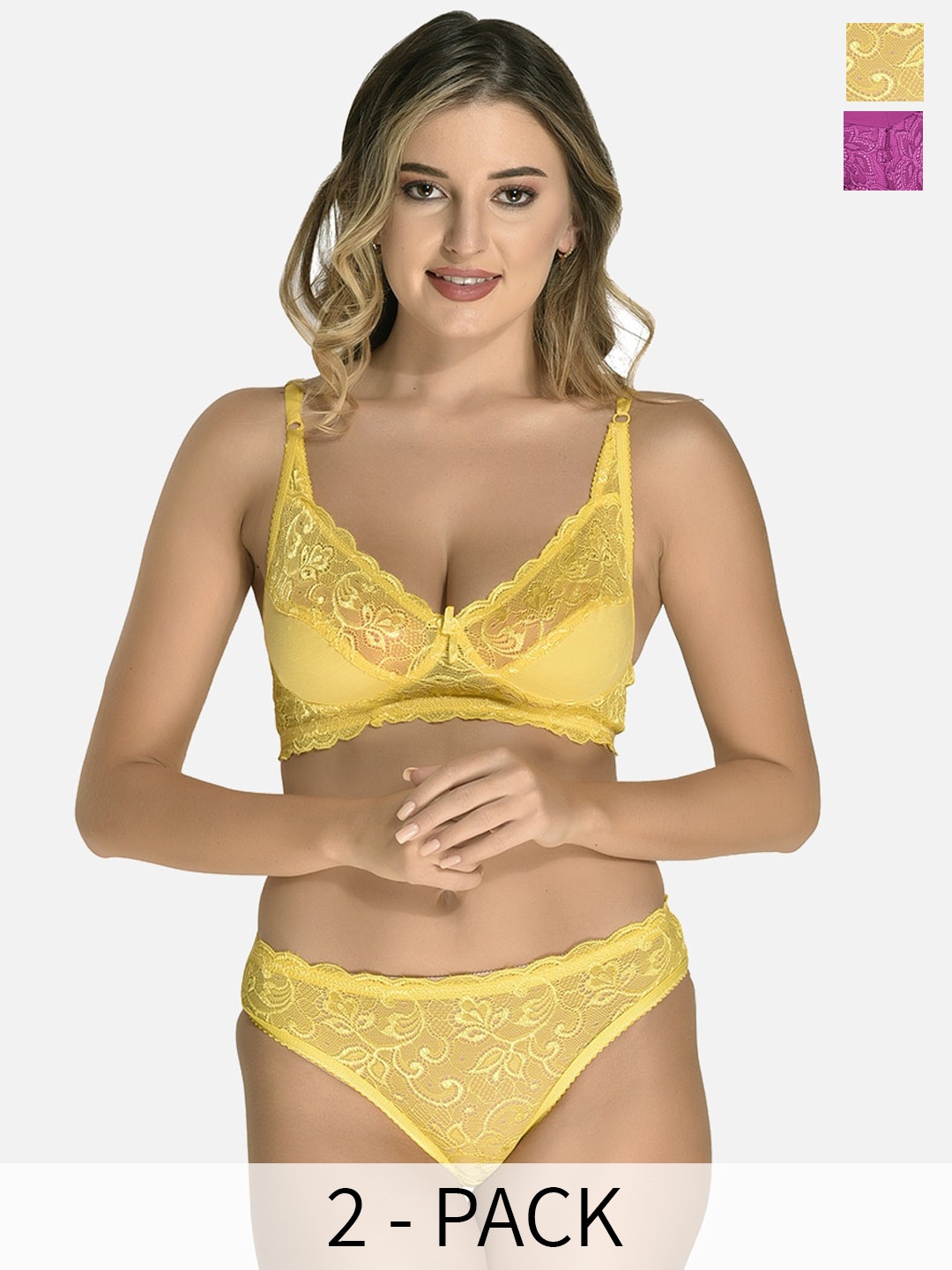 

StyFun Pack Of 2 Non Padded Lace Lingerie Set, Yellow