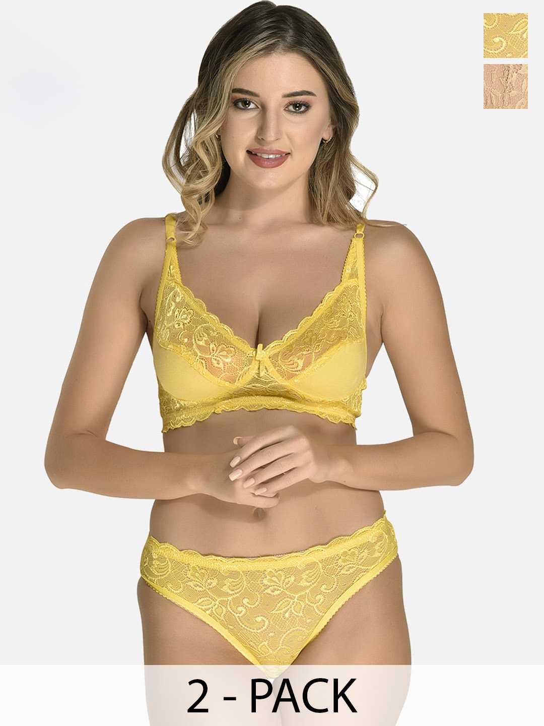 

StyFun Pack Of 2 Non Padded Lace Lingerie Set, Yellow