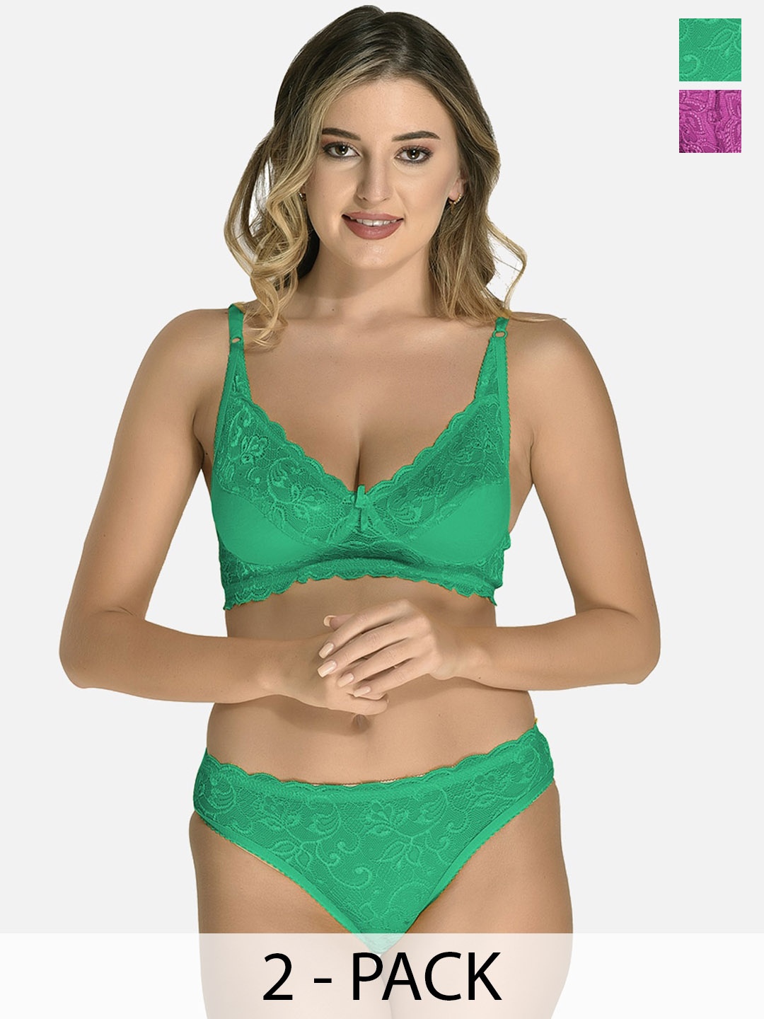 

StyFun Pack Of 2 Non Padded Lace Lingerie Set, Green