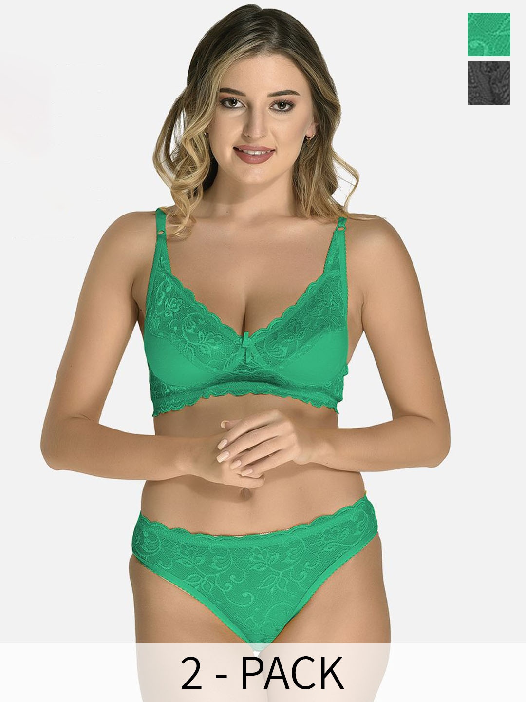 

StyFun Pack Of 2 Non Padded Lace Lingerie Set, Green