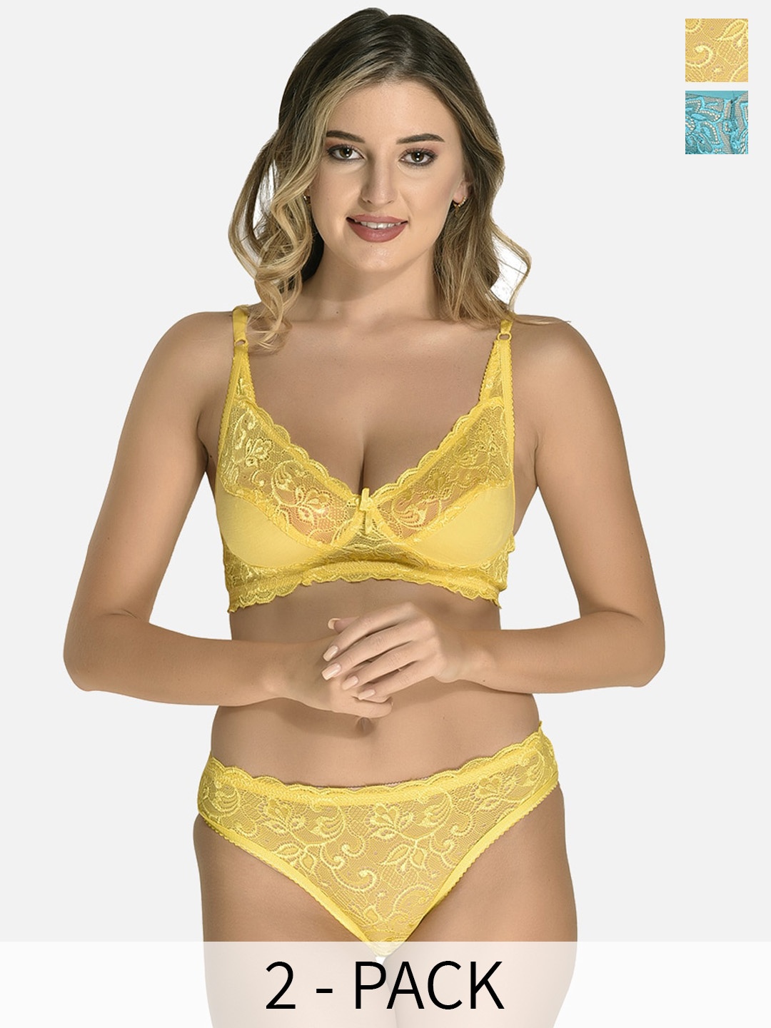 

StyFun Pack Of 2 Non Padded Lace Lingerie Set, Yellow