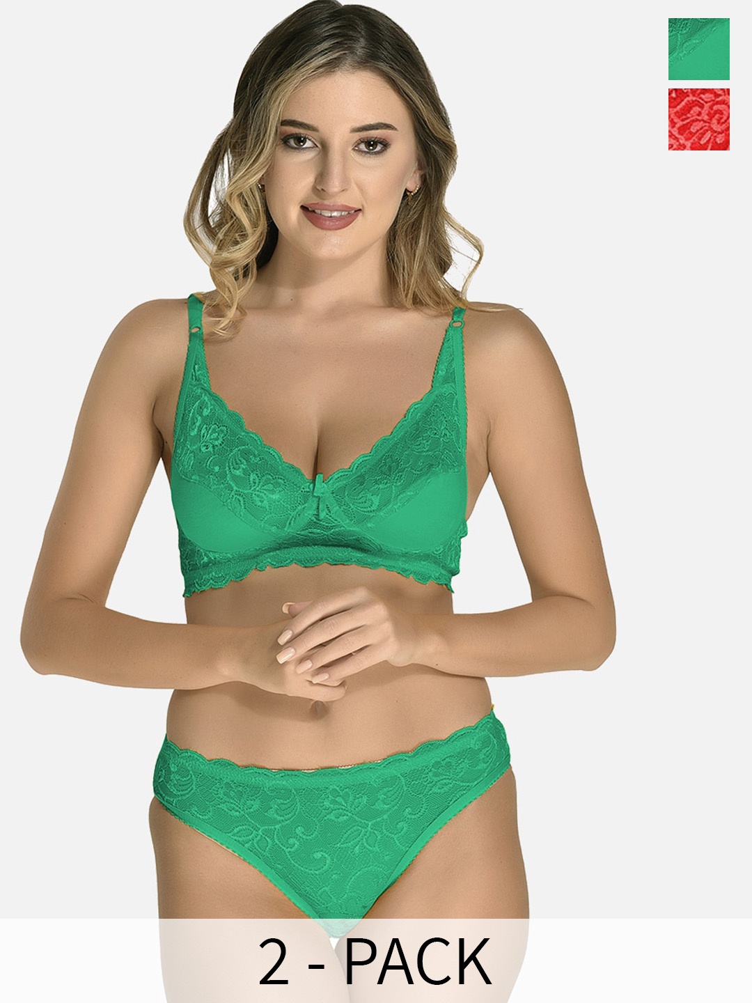 

StyFun Pack Of 2 Non Padded Lace Lingerie Set, Green