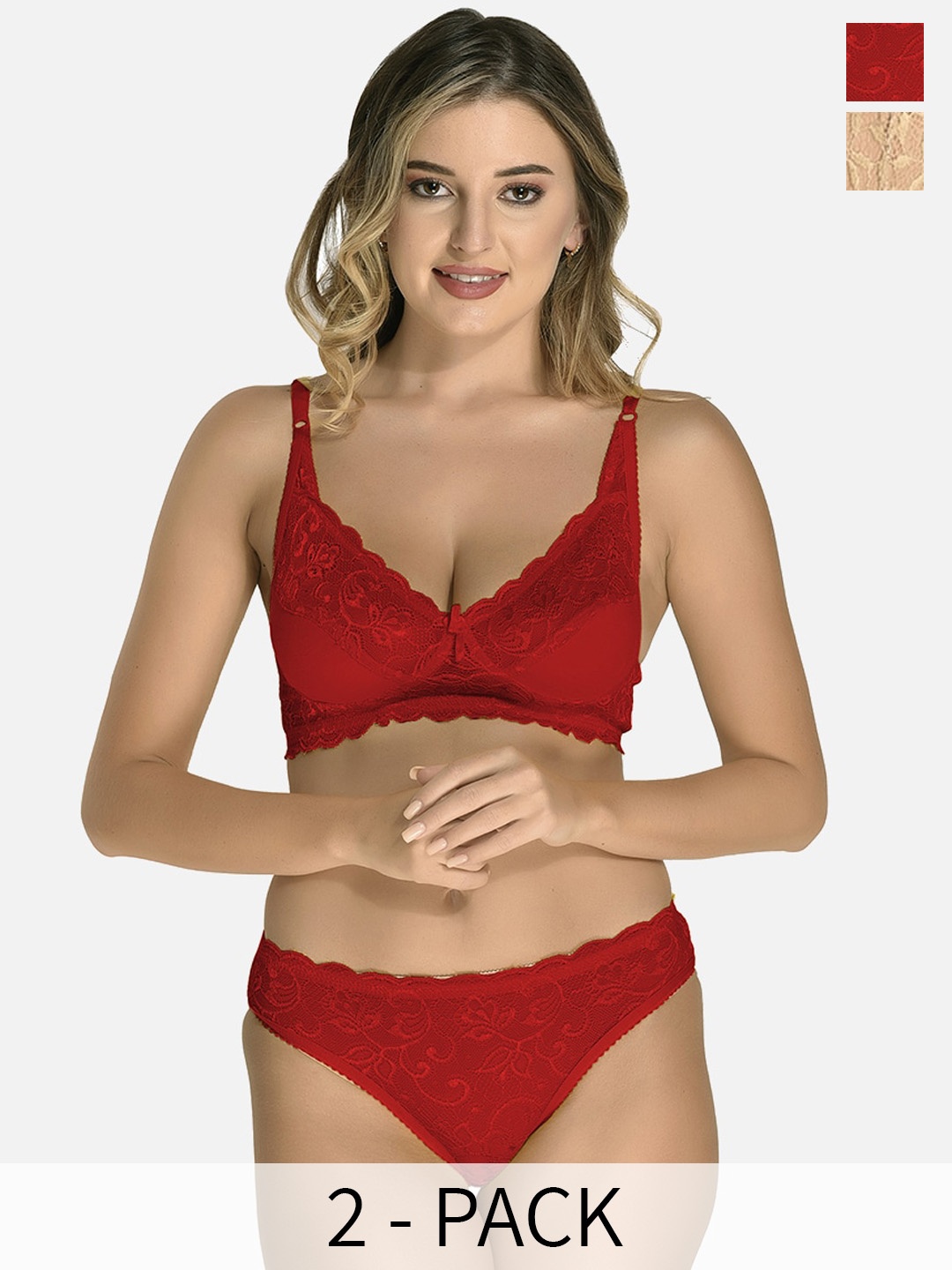 

StyFun Pack of 2 Non Padded Lingerie Set VM_Set_Iten_Maroon_Blumer_Beige_B