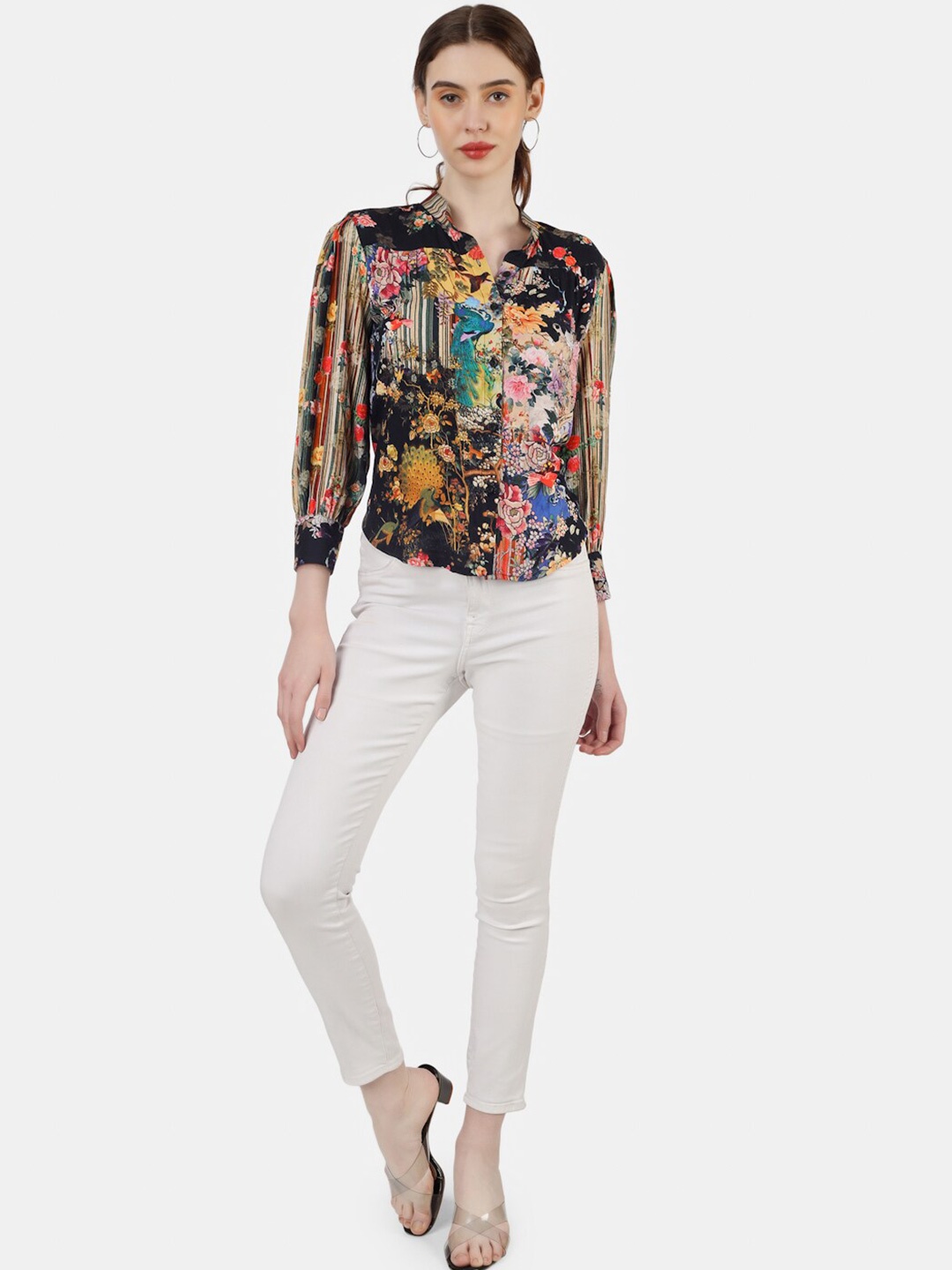 

Sukshat Floral Printed Mandarin Collar Casual Shirt, Black