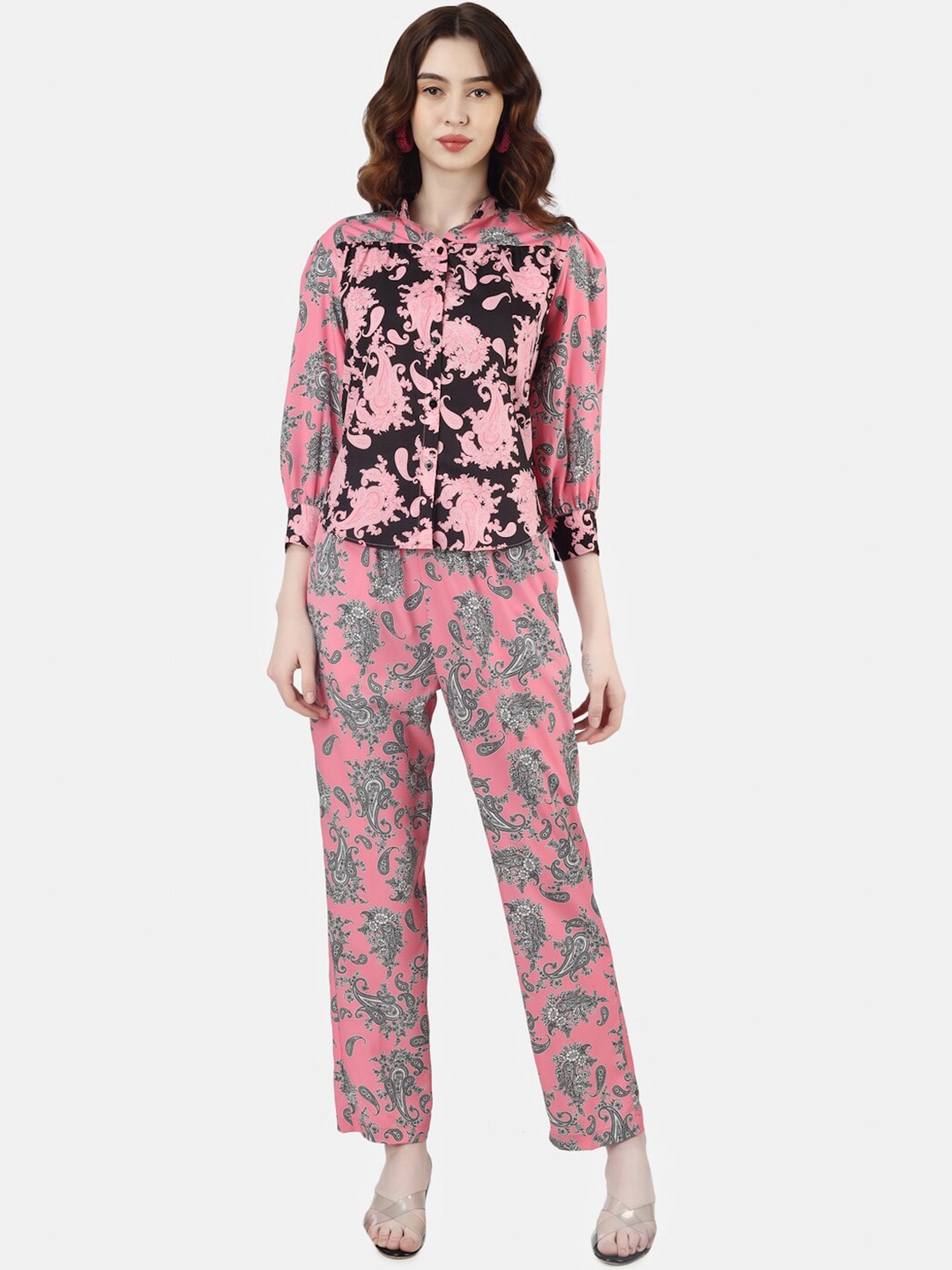 

Sukshat Floral Printed Spread Collar Puff Sleeves Casual Shirt, Pink