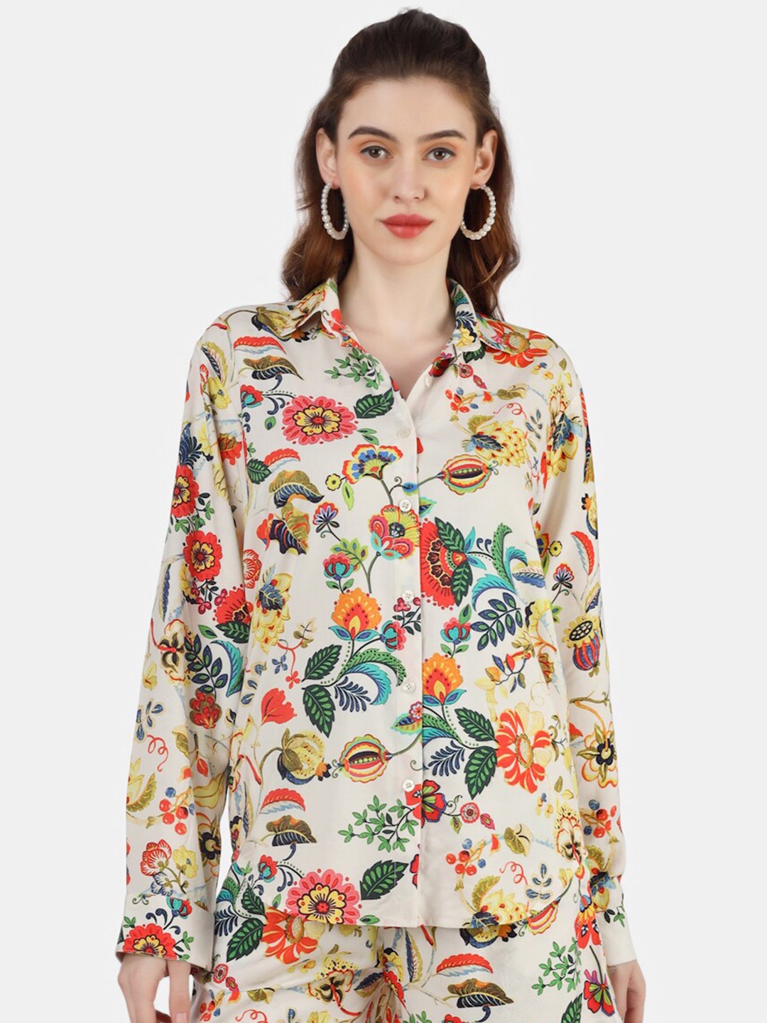

Sukshat Floral Printed Spread Collar Long Sleeves Casual Shirt, White