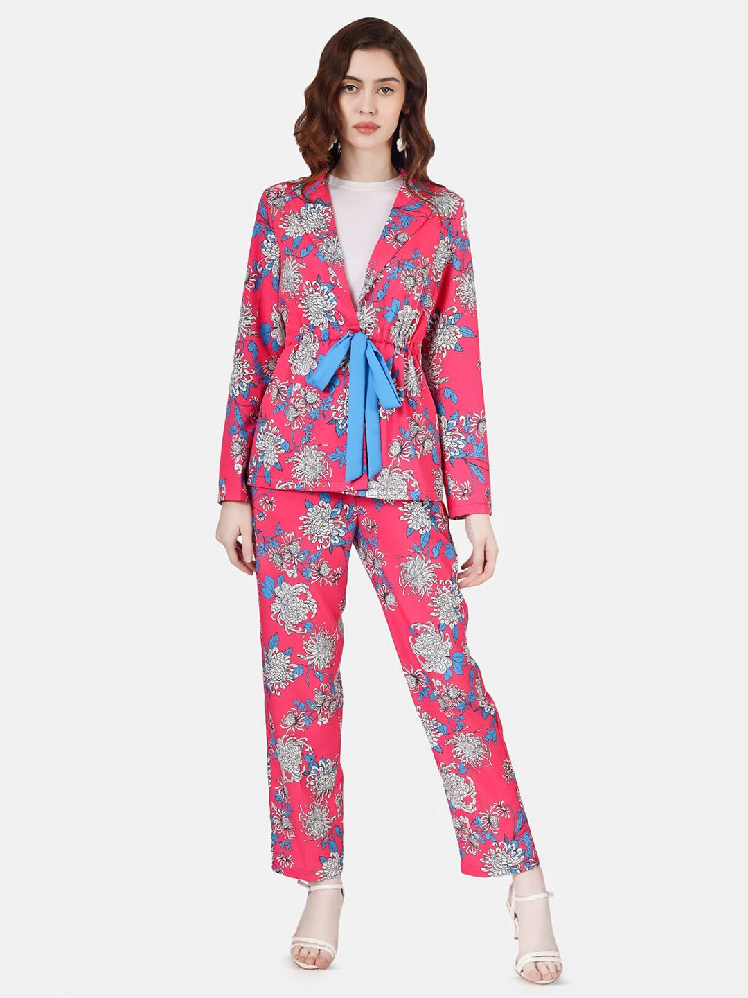 

Sukshat Floral Printed Lapel Collar Blazer With Trousers Co-Ords, Pink
