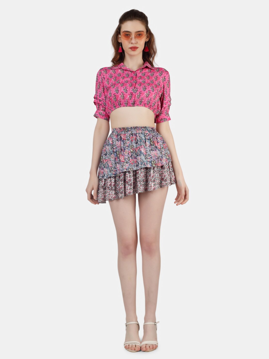 

Sukshat Floral Printed Shirt Collar Crop Top With Skirt Co-Ords, Pink