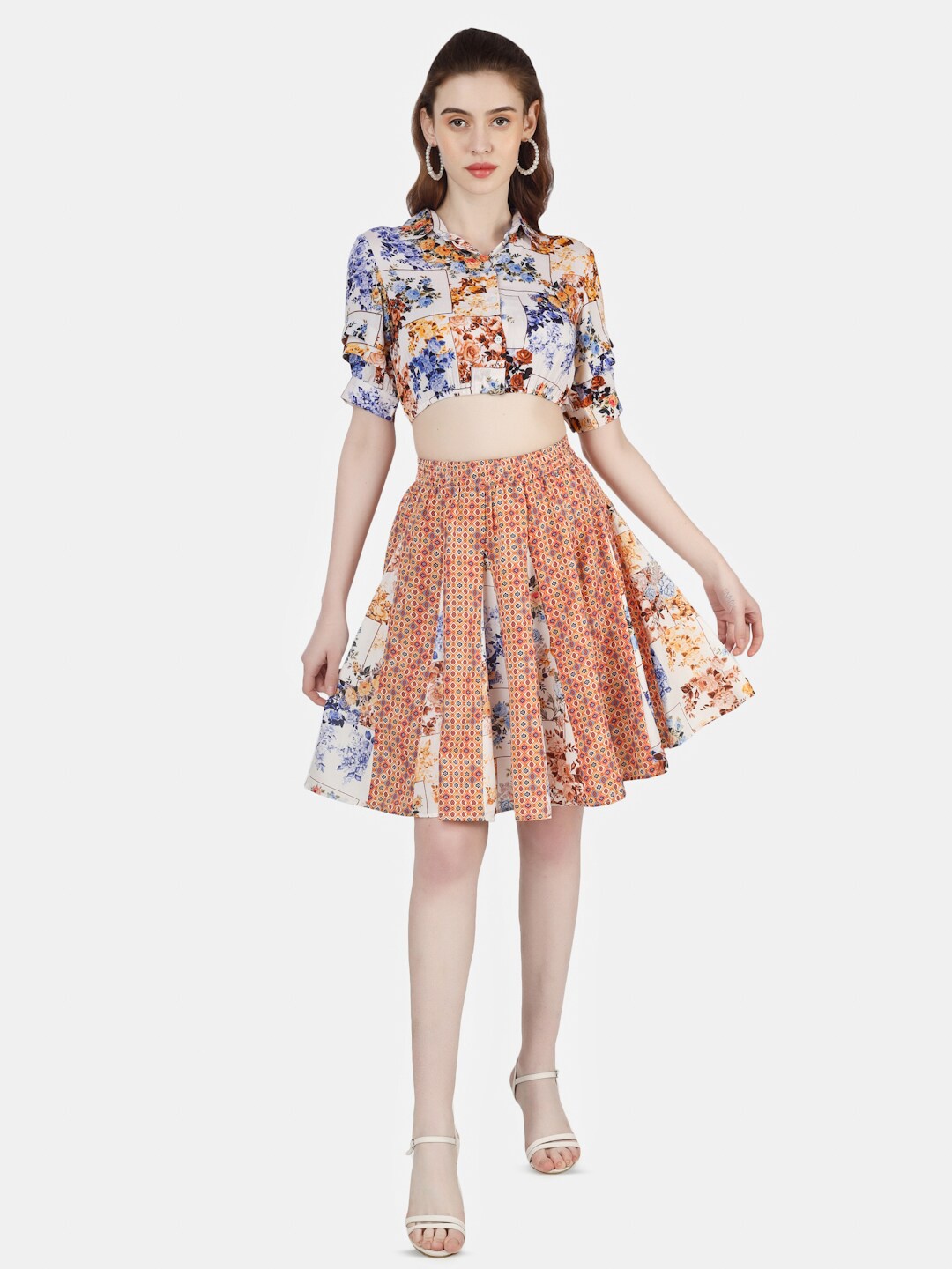 

Sukshat Floral Printed Shirt Collar Crop Top With Skirt, White