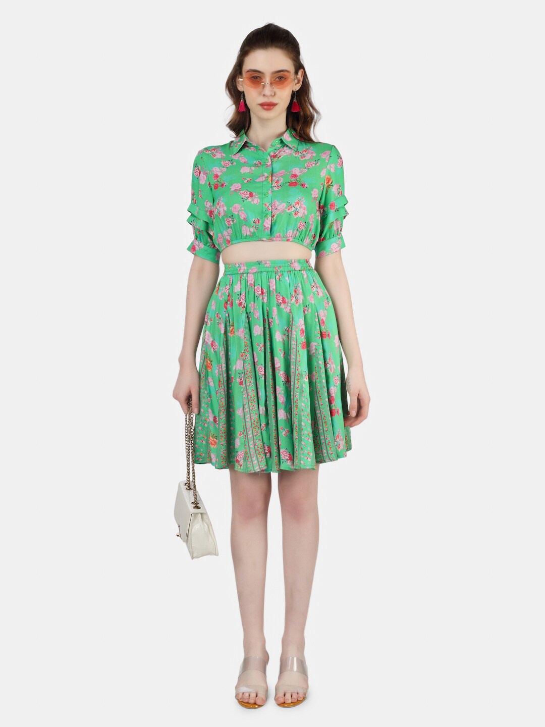 

Sukshat Floral Printed Shirt Collar Crop Top With Skirt, Green