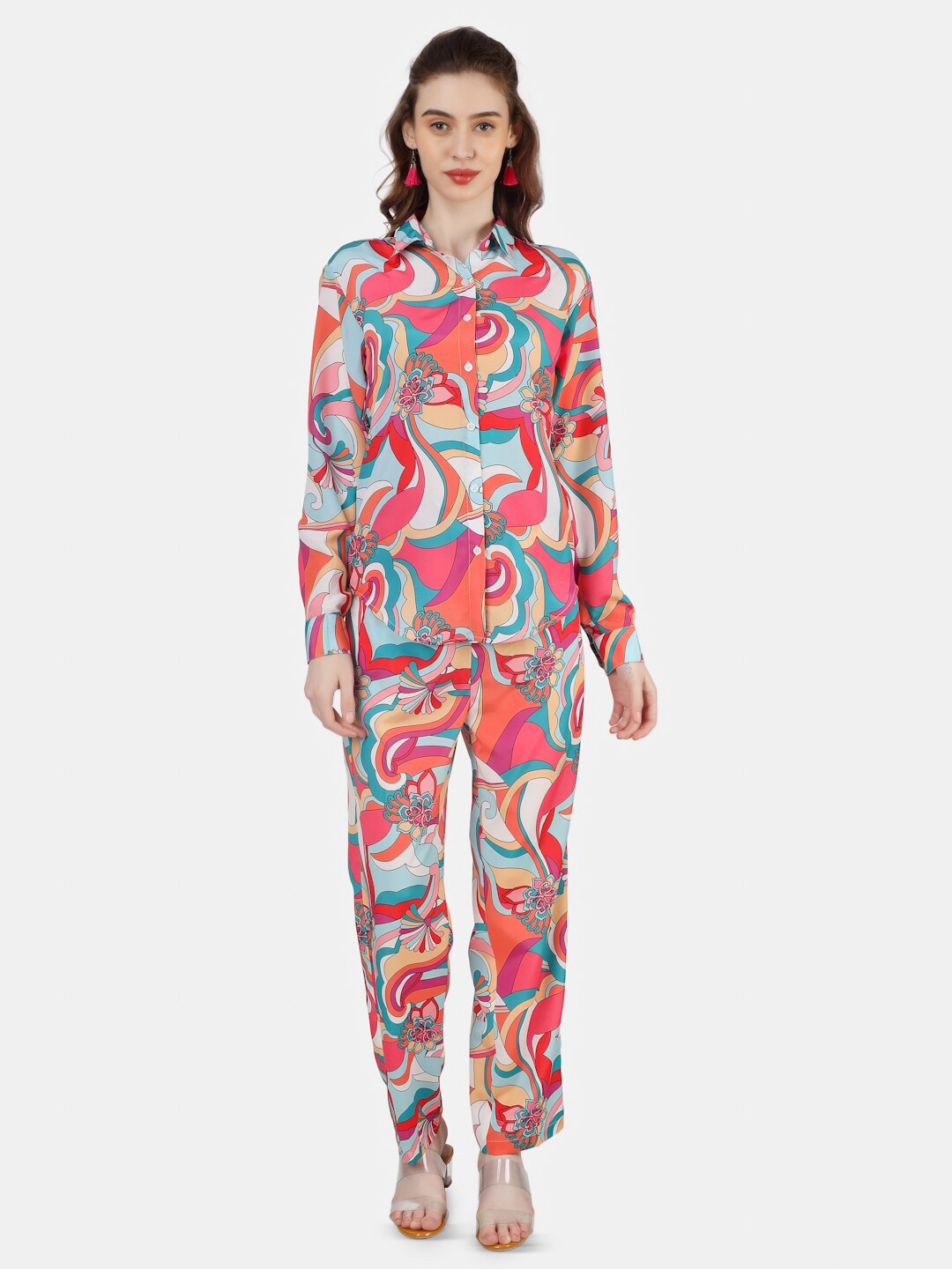 

Sukshat Abstract Printed Shirt Collar Shirt With Trousers, Pink