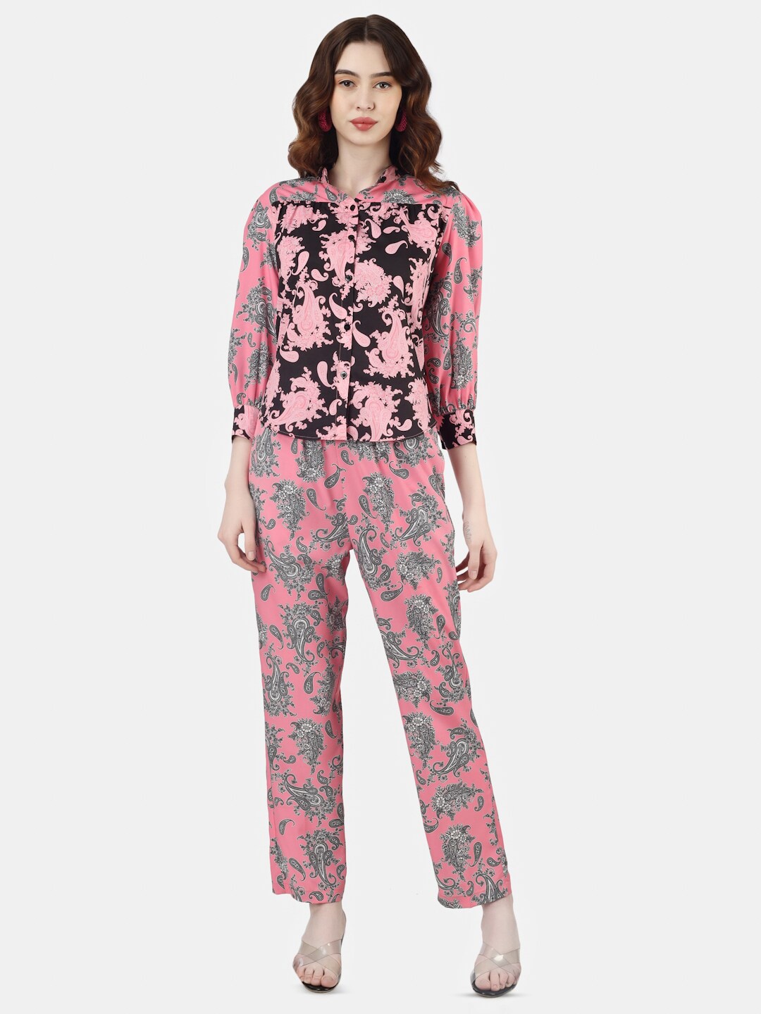 

Sukshat Floral Printed Mandarin Collar Shirt With Trousers, Pink