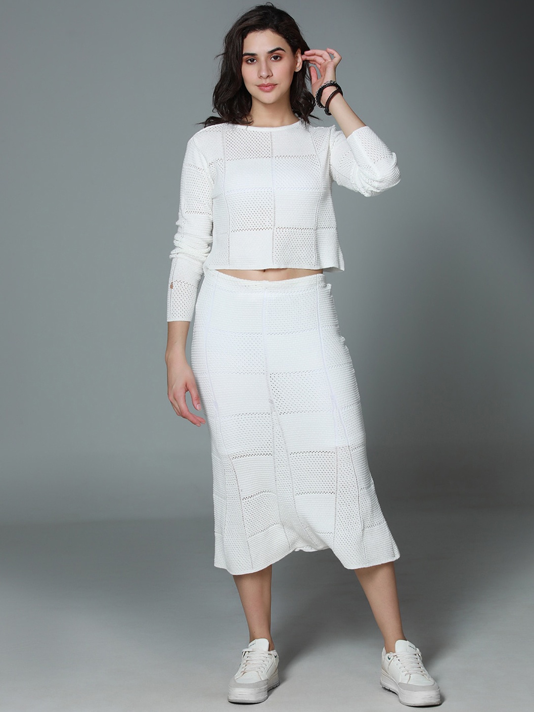 

High Star Crochet Pure Cotton Crop Top Midi Skirt Co Ords, White