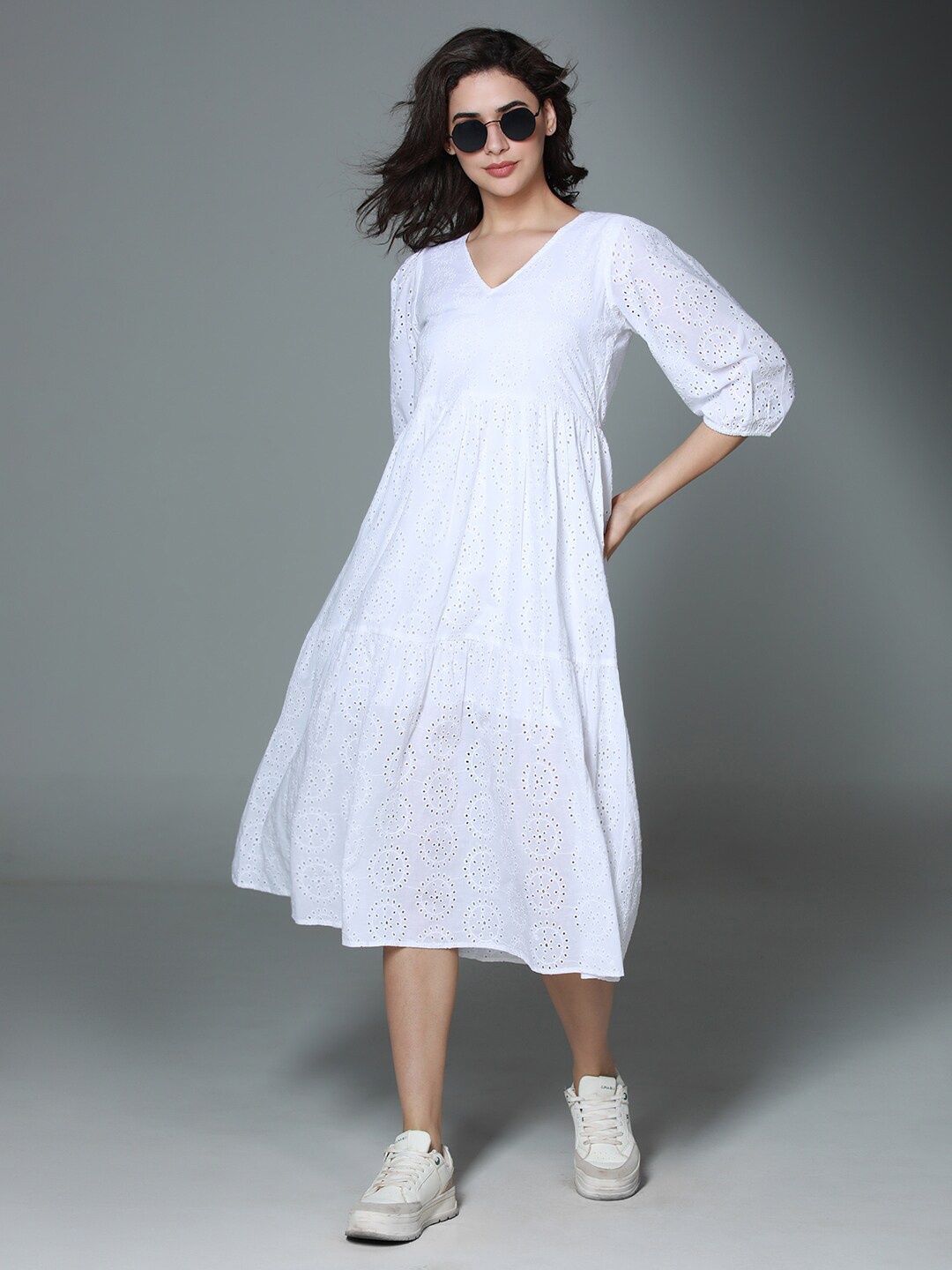 

High Star Schiffli V-Neck Puff Sleeve Gathered Tiered Cotton A-Line Midi Dress, Off white
