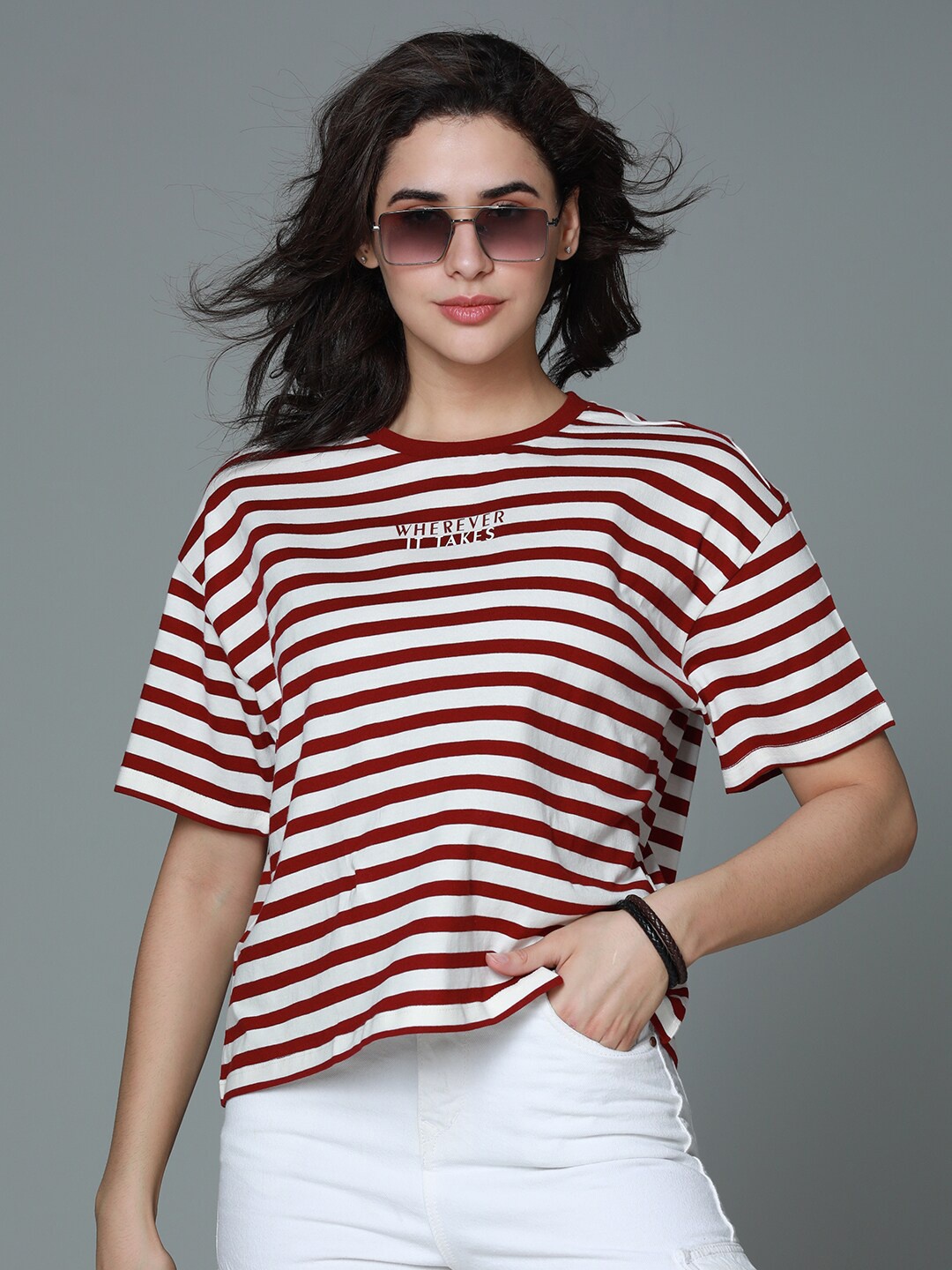 

High Star Striped Round Neck Drop-Shoulder Sleeves Cotton Boxy T-shirt, Red