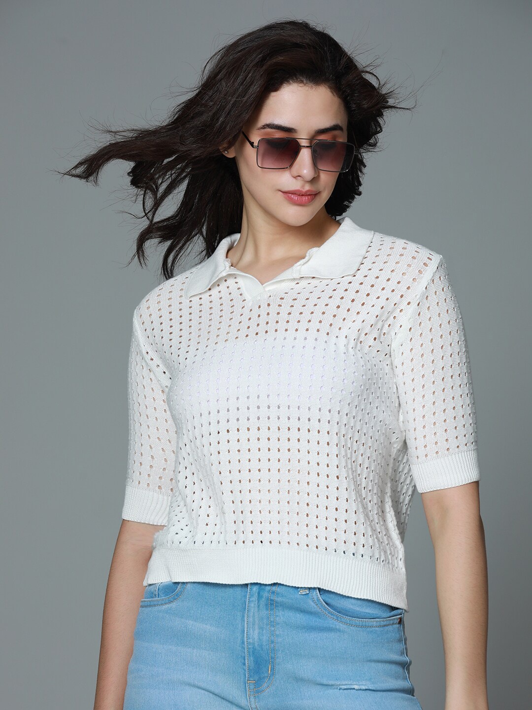 

High Star Polo Crochet Cotton Off Top, White