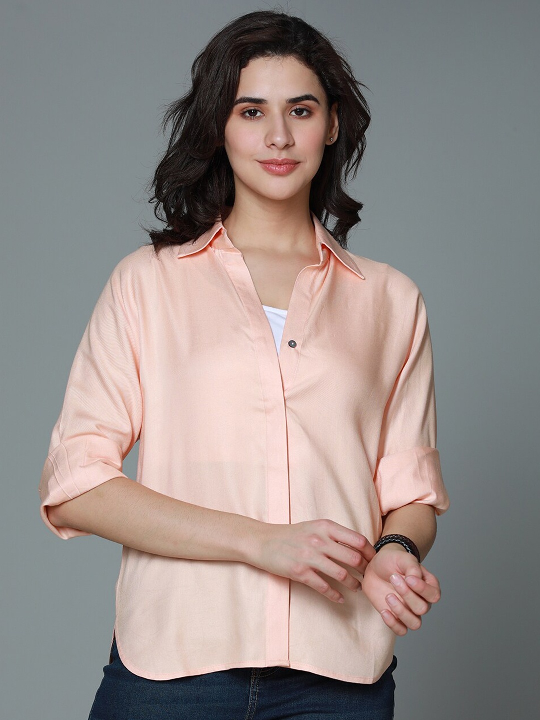 

High Star Classic boxy Spread Collar Long Sleeves Casual Shirt, Orange