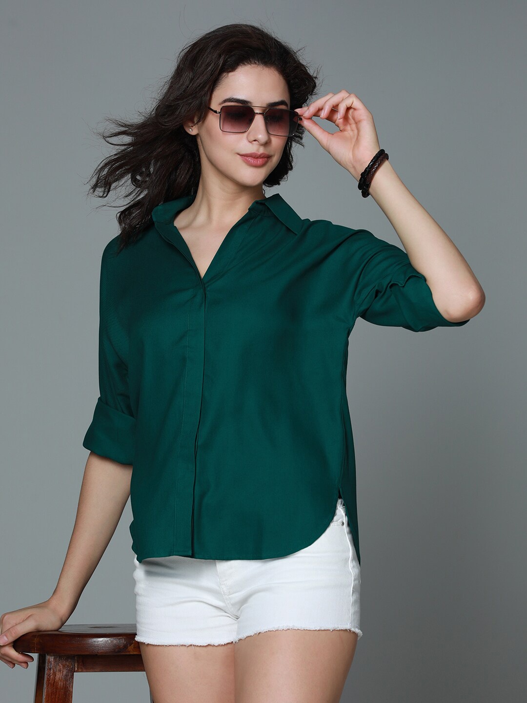 

High Star Classic boxy Spread Collar Long Sleeves Casual Shirt, Green