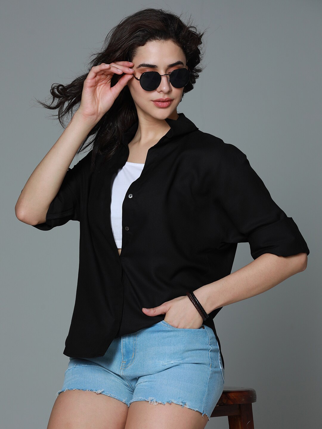 

High Star Classic boxy Spread Collar Long Sleeves Casual Shirt, Black