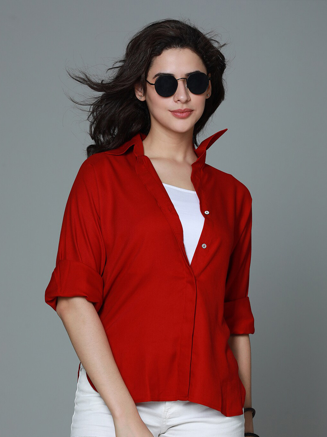 

High Star Classic boxy Spread Collar Long Sleeves Casual Shirt, Red