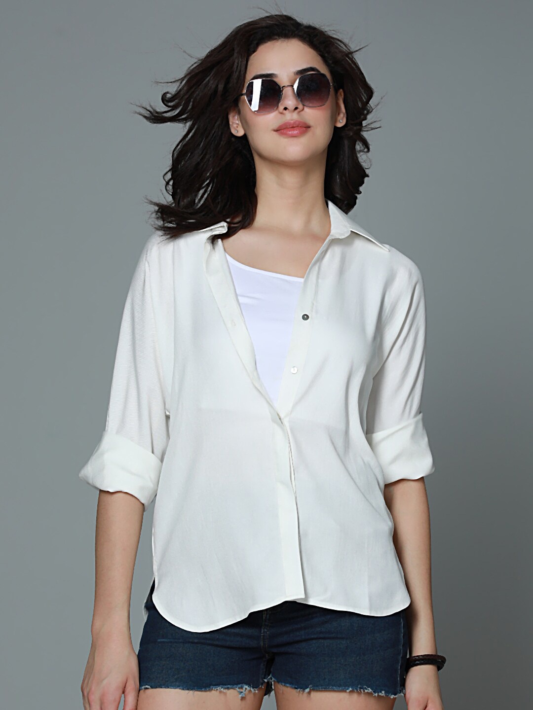 

High Star Classic boxy Spread Collar Long Sleeves Casual Shirt, Off white