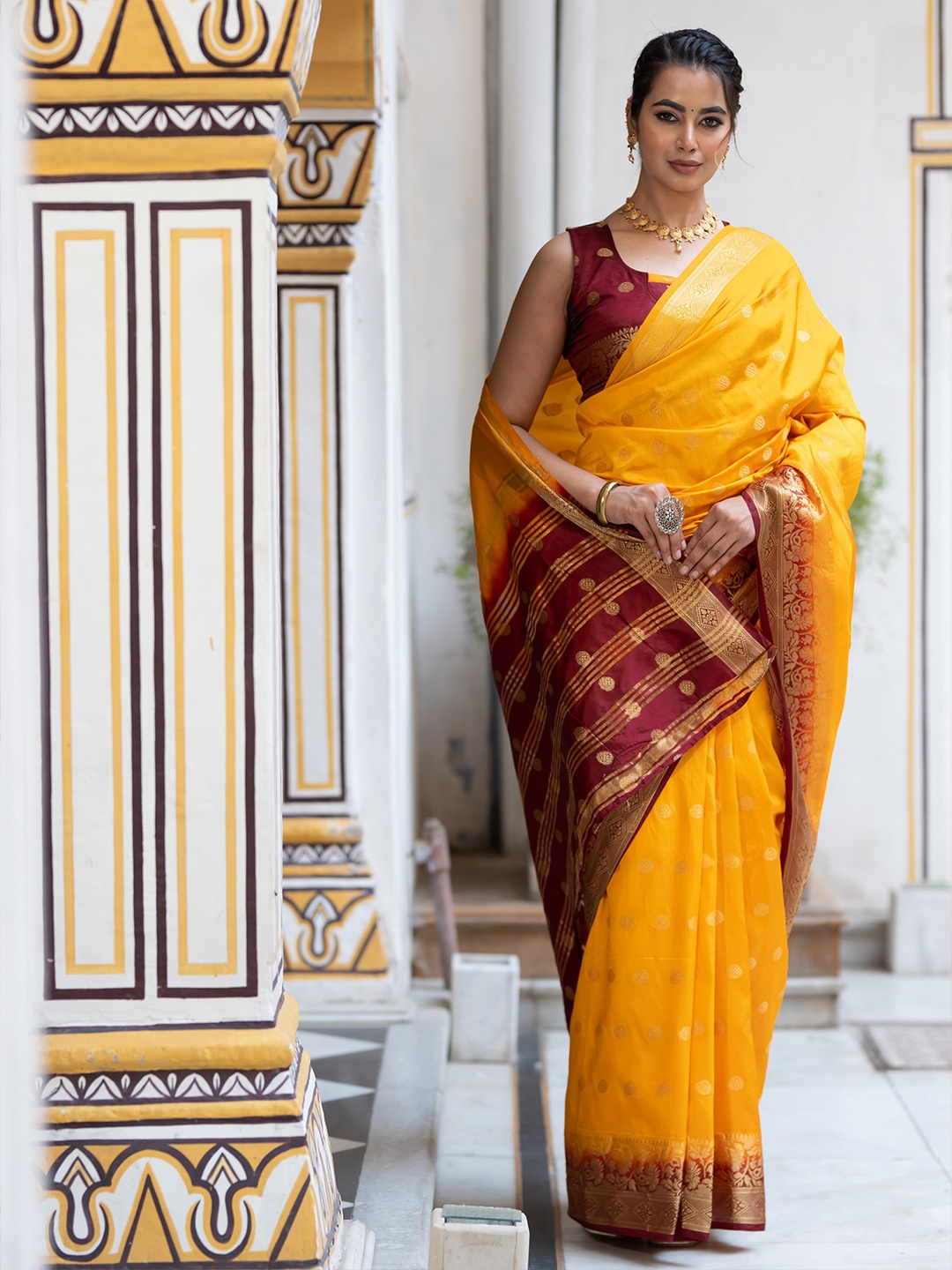 

ASPORA Ethnic Motifs Woven Design Zari Kanjeevaram Saree, Yellow