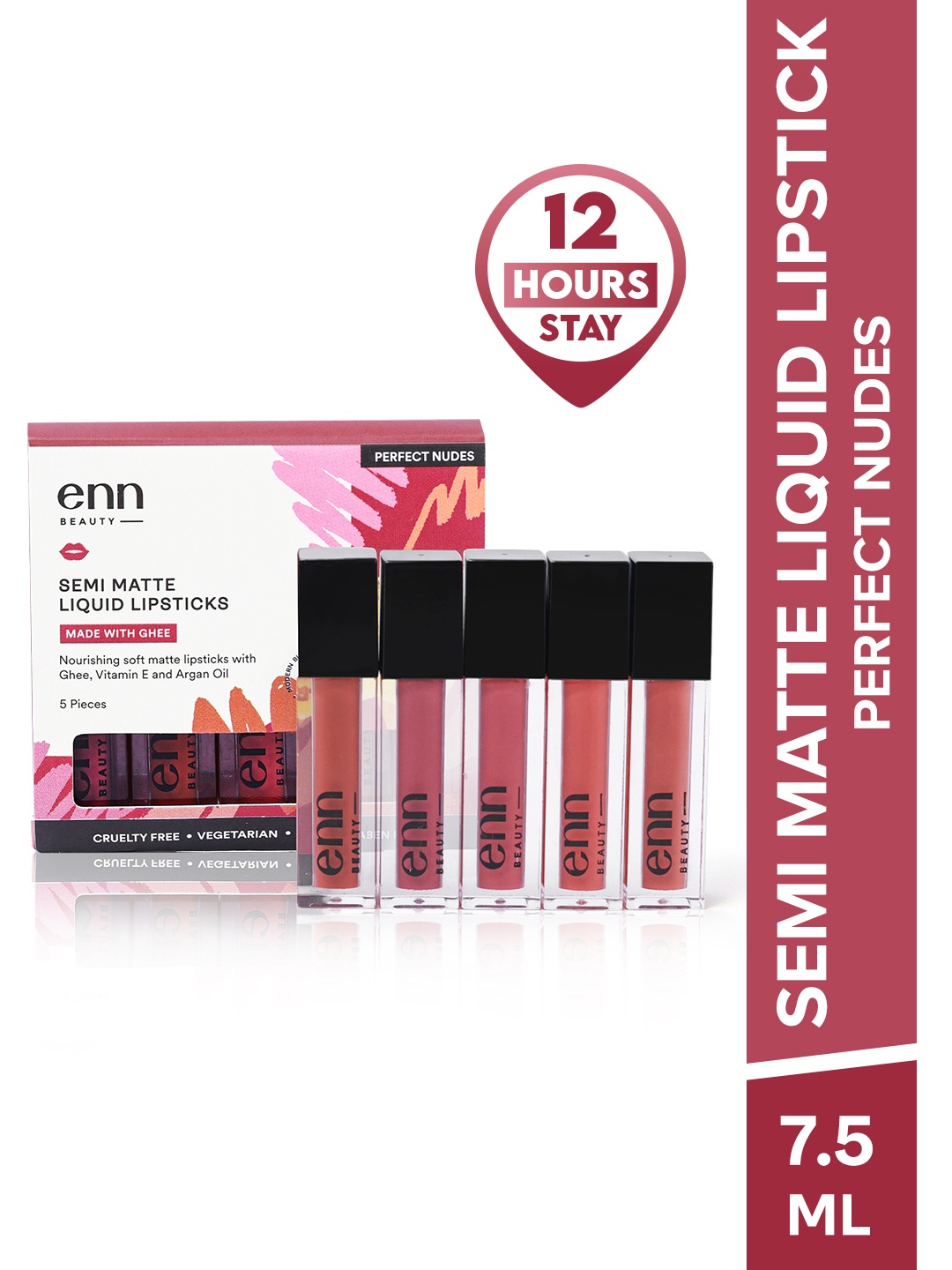 

ENN Set of 5 Transfer Proof & 12-Hrs Stay Liquid Lipstick Kit With Ghee - Perfect Nudes, Multi