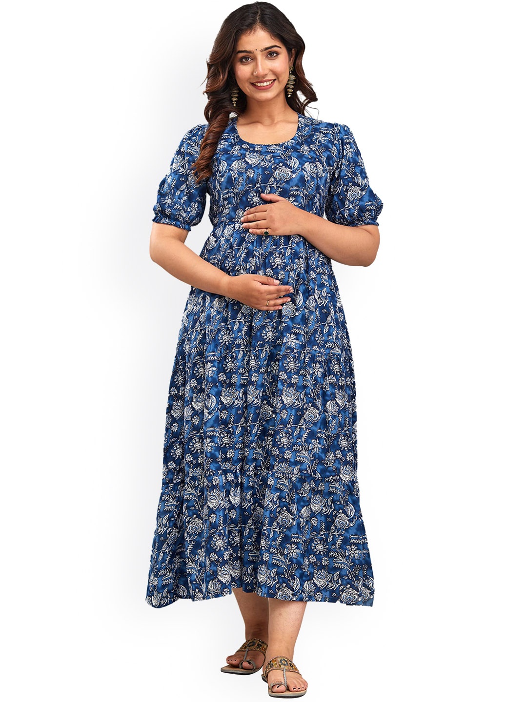

Charnest Floral Printed Puff Sleeves Maternity A-Line Dress, Blue