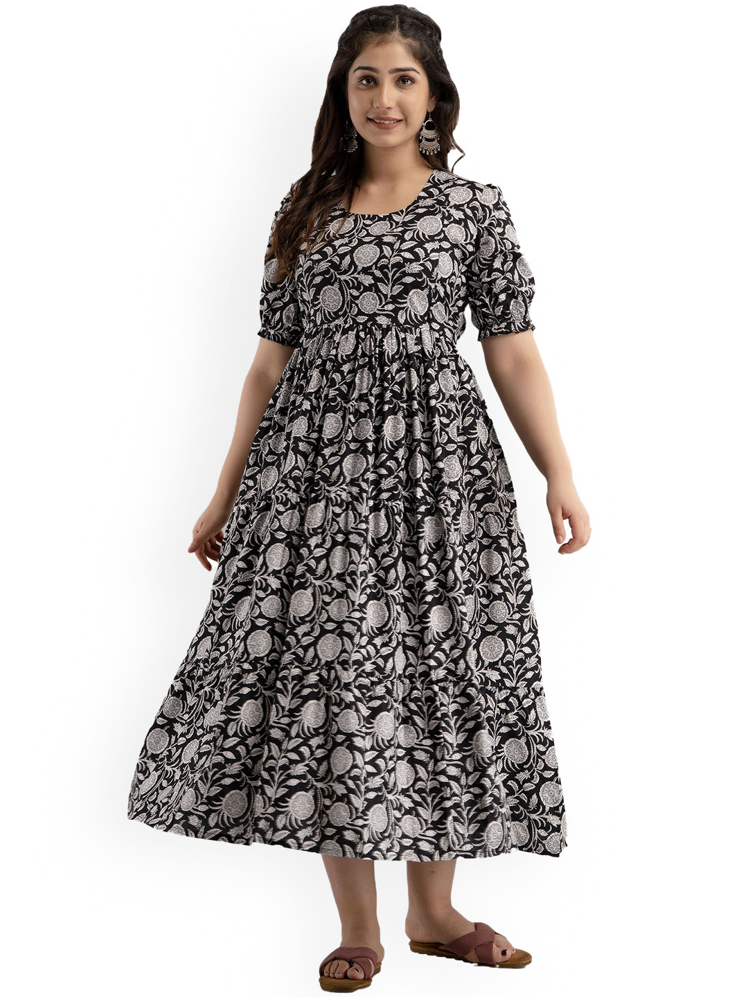 

Charnest Floral Printed Round Neck Maternity A-Line Dress, Black