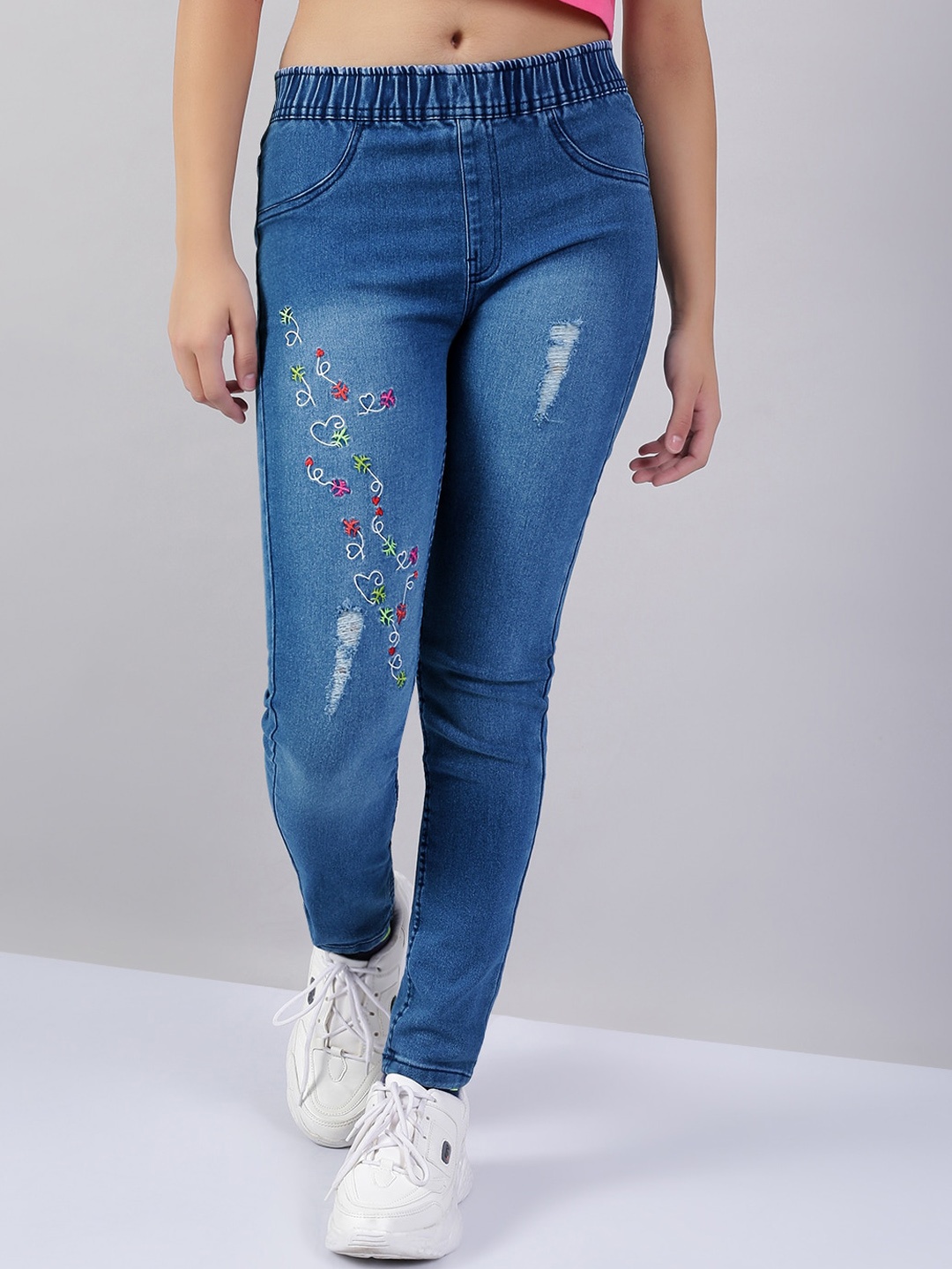 

BAESD Girls Lean Slim Fit Mildly Distressed Light Fade Embroidered Stretchable Jeans, Blue