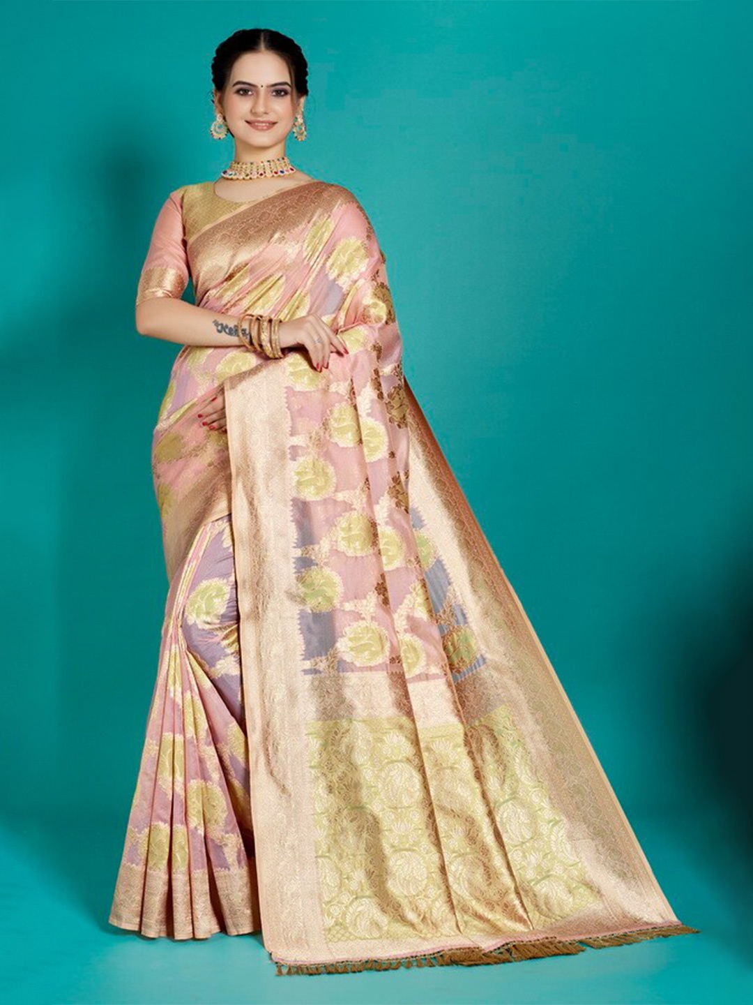 

Aagiri Ethnic Motifs Zari Organza Banarasi Saree, Pink