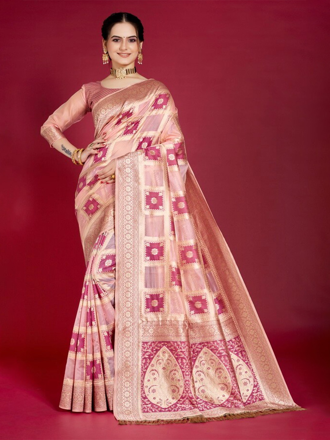 

Aagiri Ethnic Woven Design Zari Organza Banarasi Saree, Pink