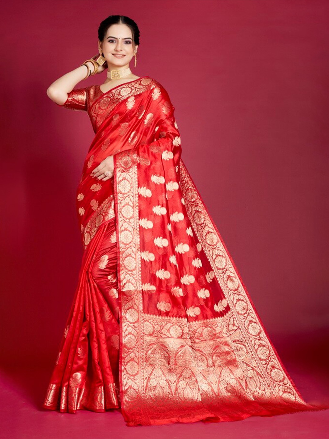 

Aagiri Ethnic Motifs Woven Design Zari Organza Banarasi Saree, Red