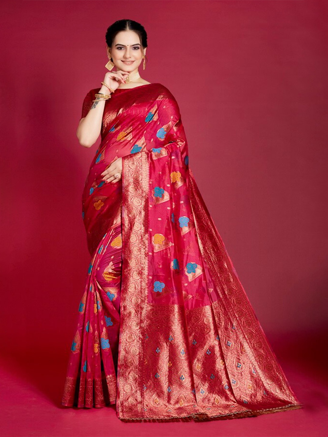 

Aagiri Woven Design Zari Organza Banarasi Saree, Pink
