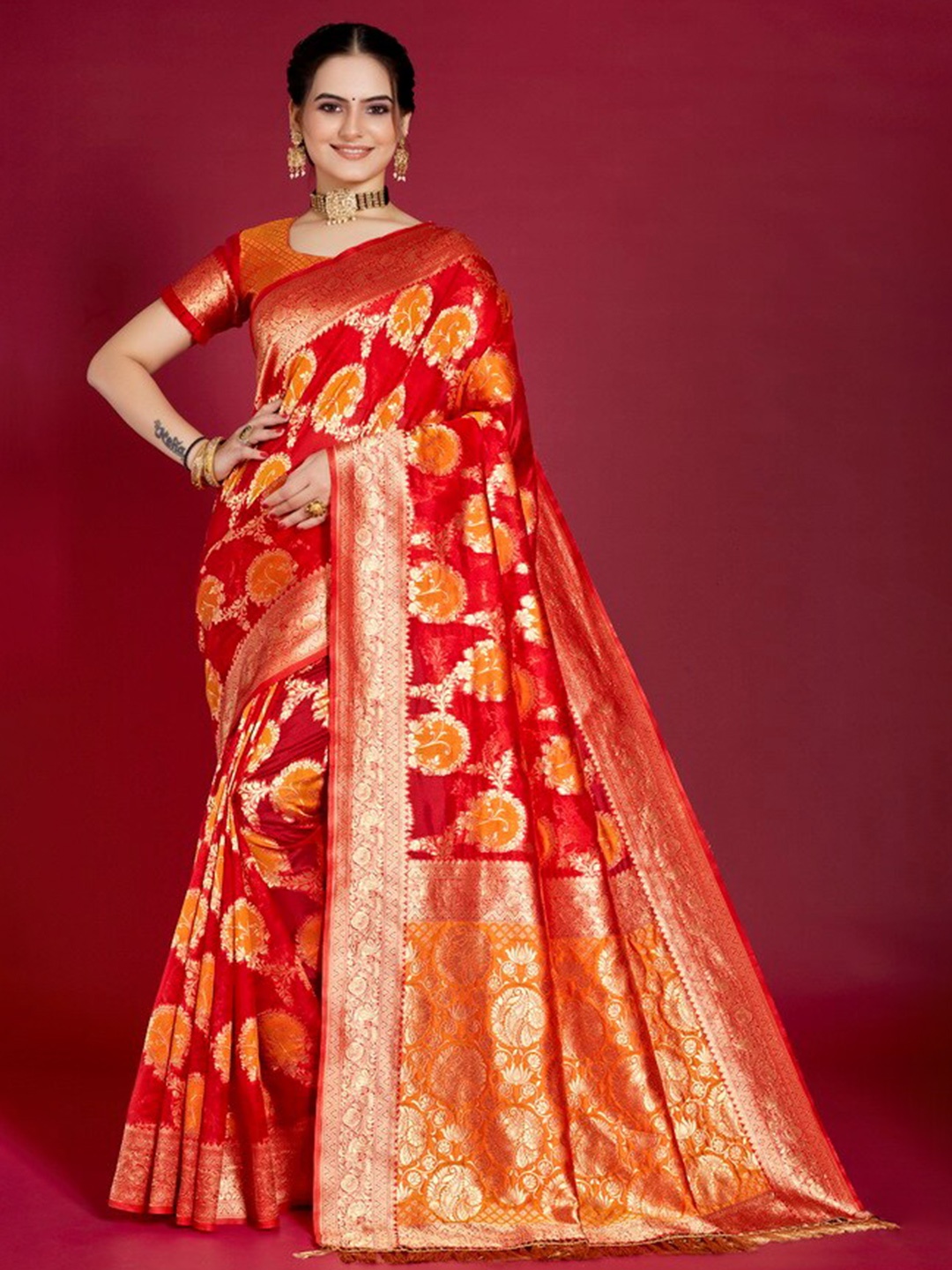 

Aagiri Ethnic Woven Design Zari Organza Banarasi Saree, Red