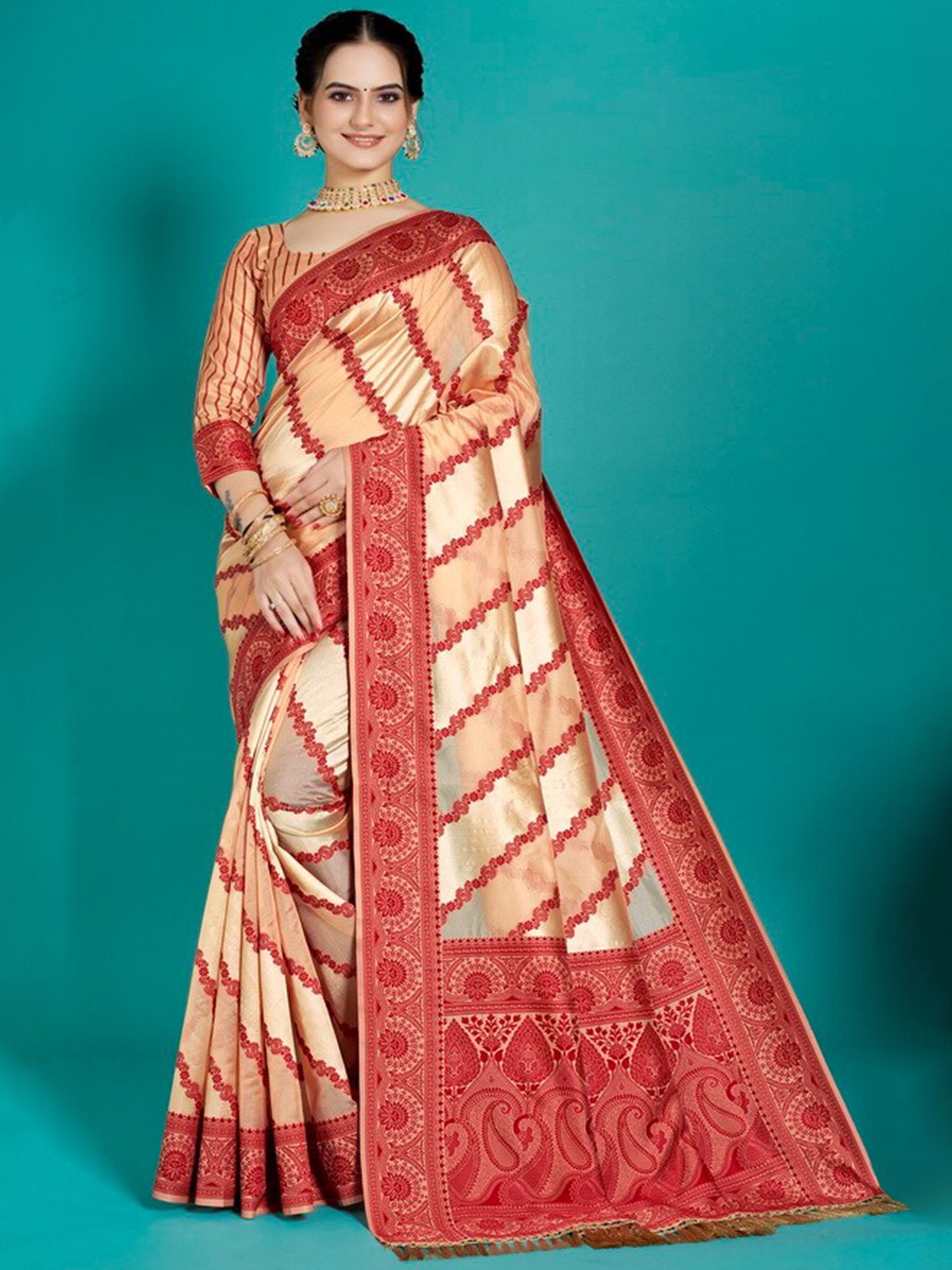 

Aagiri Striped Zari Organza Banarasi Saree, Red