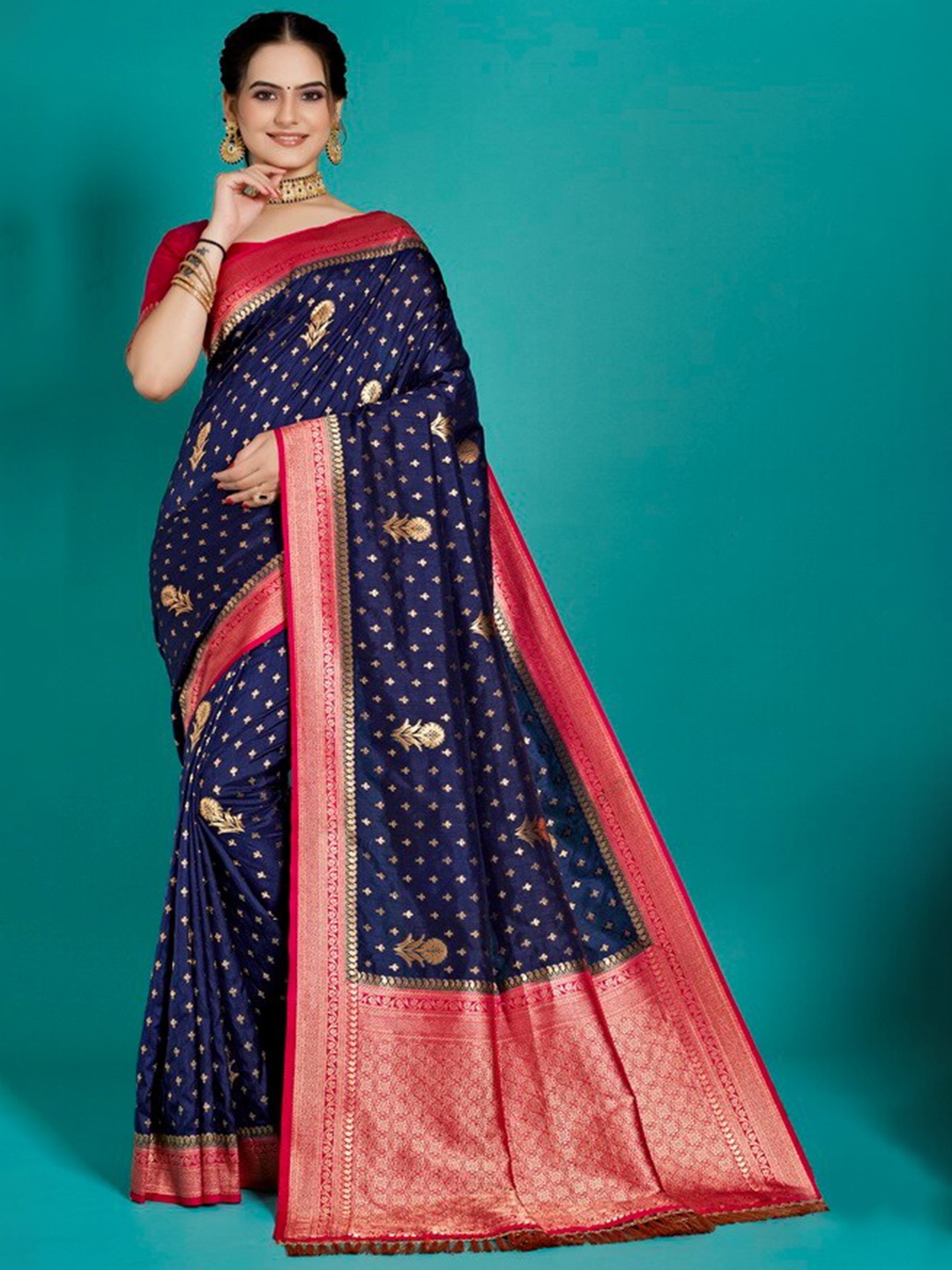 

Aagiri Ethnic Motifs Woven Design Zari Organza Banarasi Saree, Navy blue
