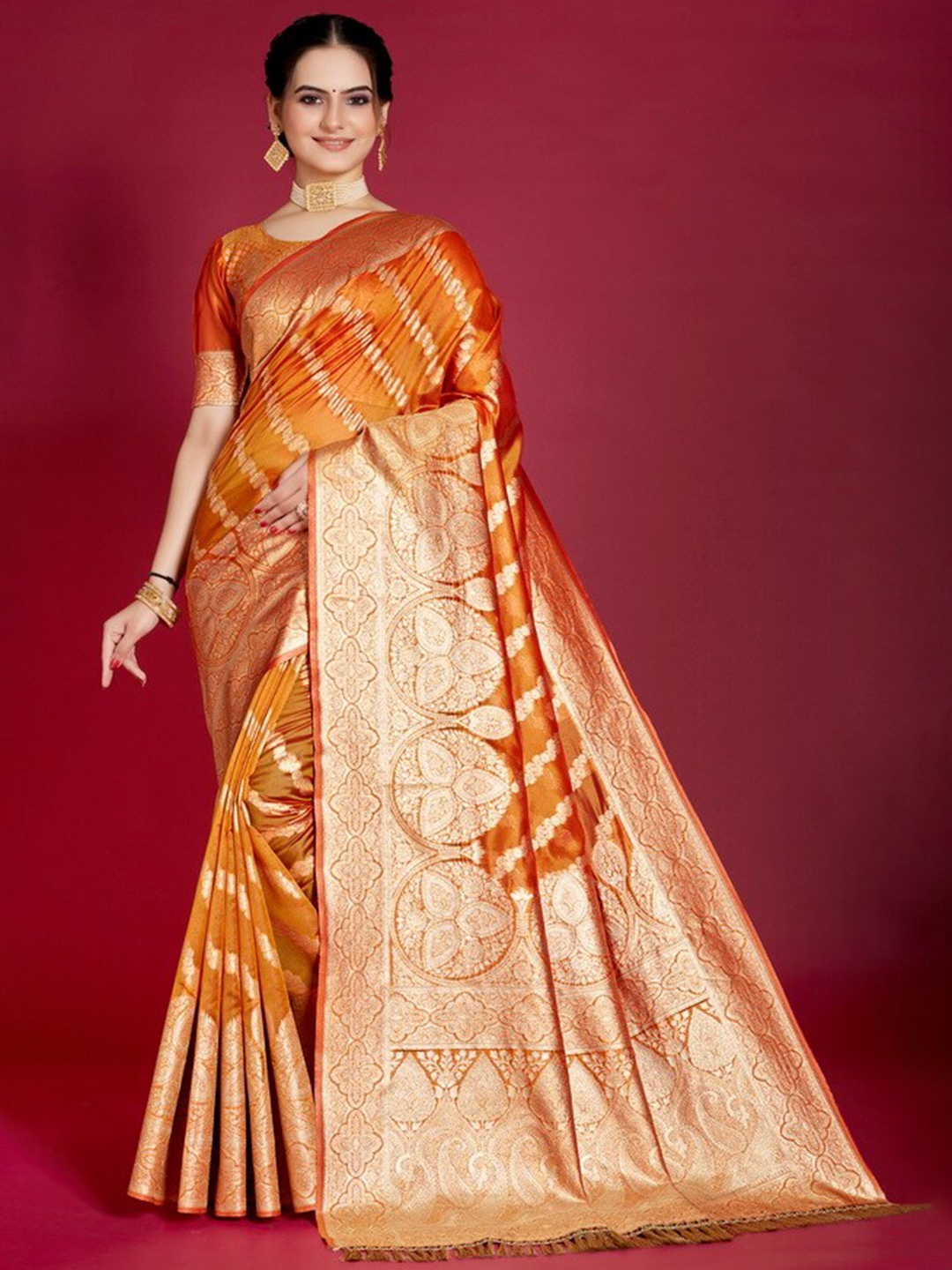 

Aagiri Striped Zari Organza Banarasi Saree, Yellow