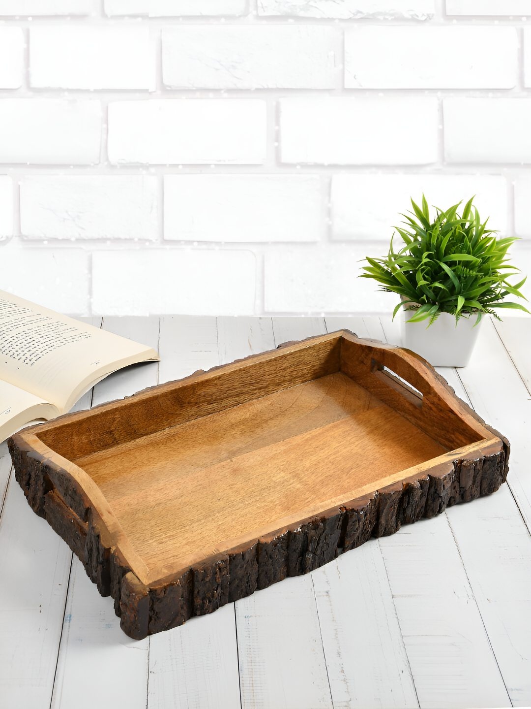 

CLIO'S HERITAGE STORE Brown Wooden Bark Edge Serving Tray