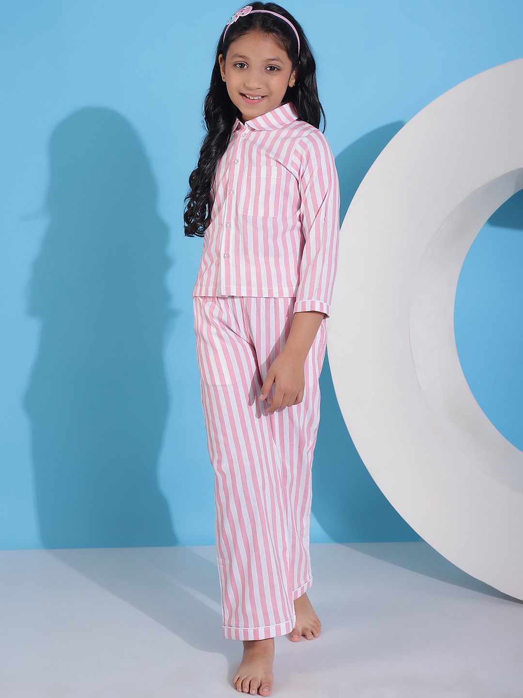 

NEUDIS Girls Striped Pure Cotton Night suit, Pink
